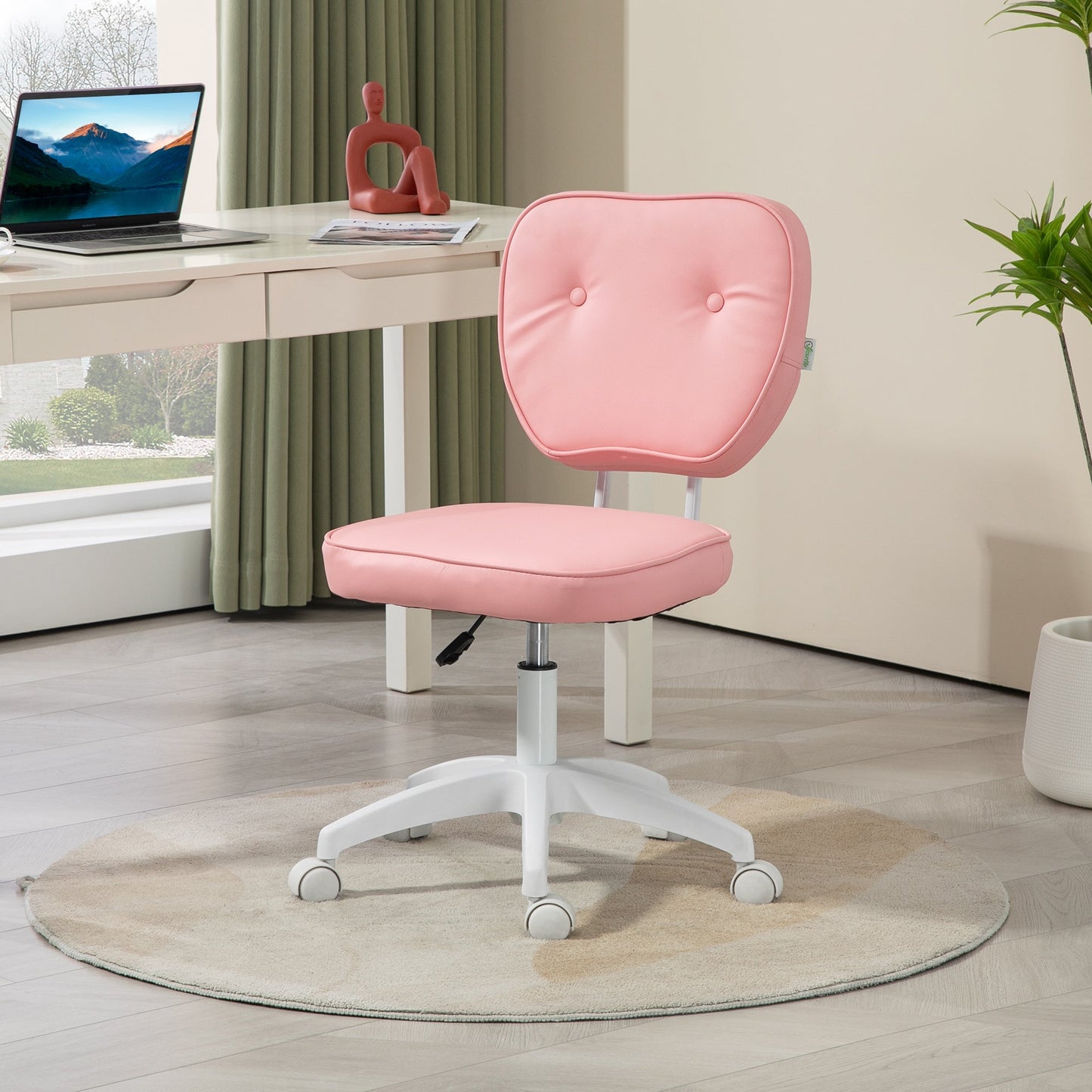 HOMCOM Cute Armless Office Chair, Small PU Leather Computer Desk Chair, Vanity Task Chair with Adjustable Height, Swivel Wheels, Mid Back, Pink