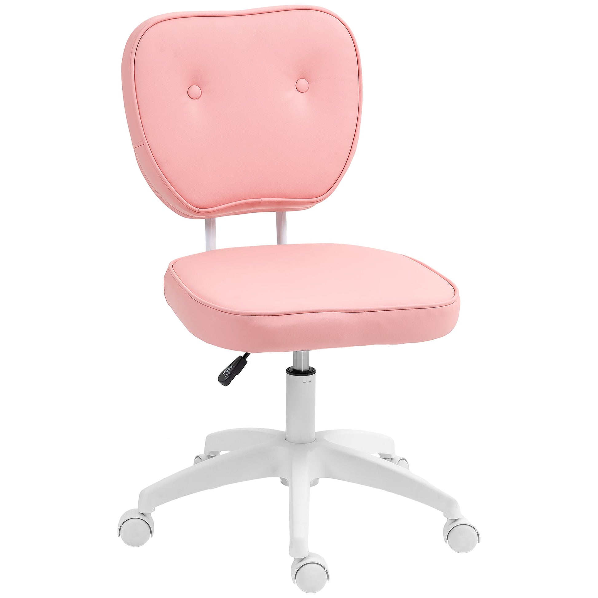 HOMCOM Cute Armless Office Chair, Small PU Leather Computer Desk Chair, Vanity Task Chair with Adjustable Height, Swivel Wheels, Mid Back, Pink