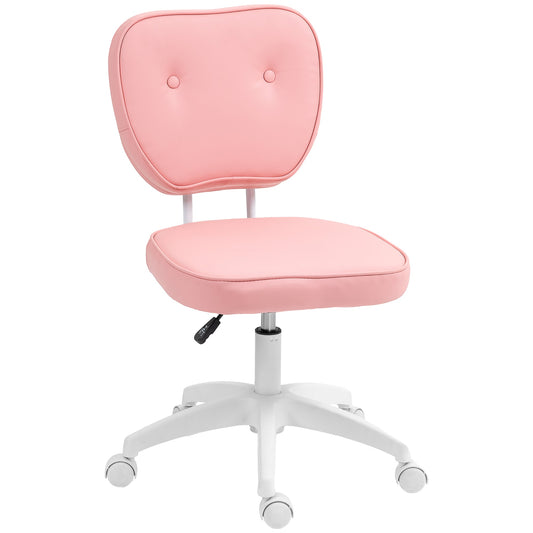 HOMCOM Cute Armless Office Chair, Small PU Leather Computer Desk Chair, Vanity Task Chair with Adjustable Height, Swivel Wheels, Mid Back, Pink