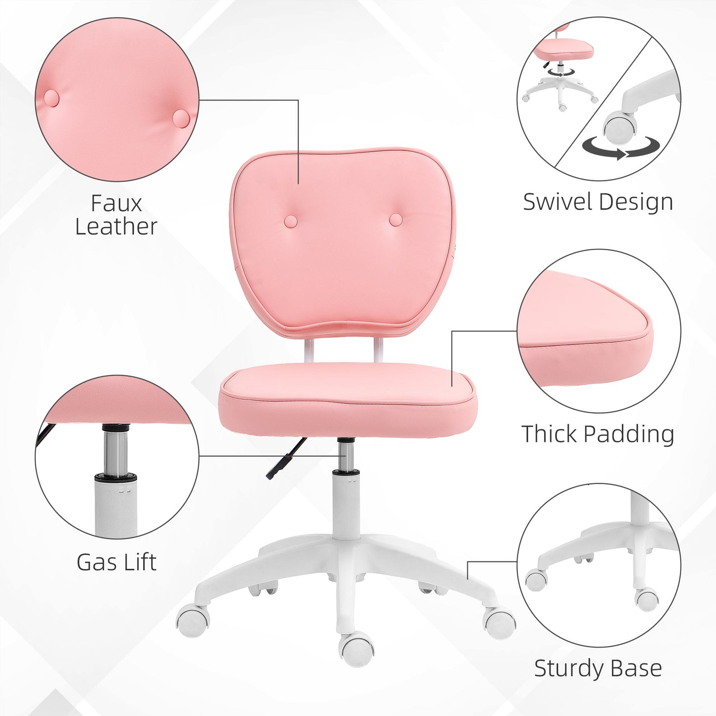 HOMCOM Cute Armless Office Chair, Small PU Leather Computer Desk Chair, Vanity Task Chair with Adjustable Height, Swivel Wheels, Mid Back, Pink
