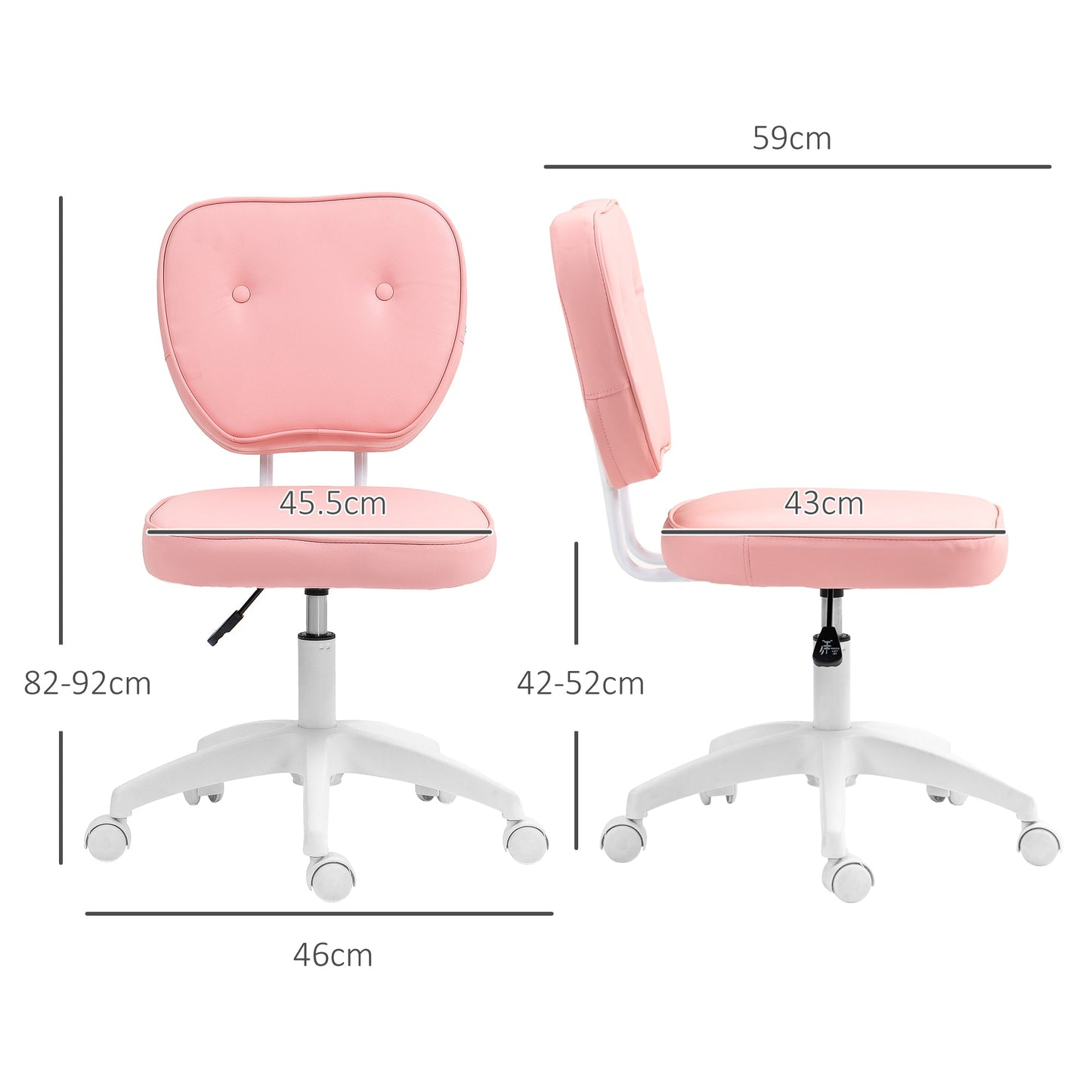 HOMCOM Cute Armless Office Chair, Small PU Leather Computer Desk Chair, Vanity Task Chair with Adjustable Height, Swivel Wheels, Mid Back, Pink