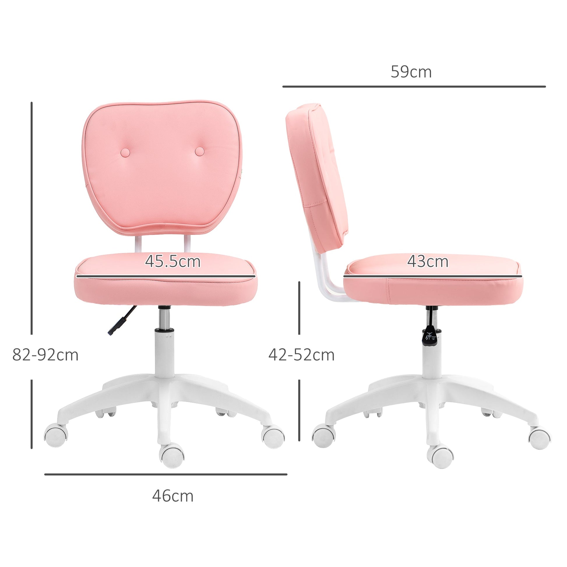 HOMCOM Cute Armless Office Chair, Small PU Leather Computer Desk Chair, Vanity Task Chair with Adjustable Height, Swivel Wheels, Mid Back, Pink