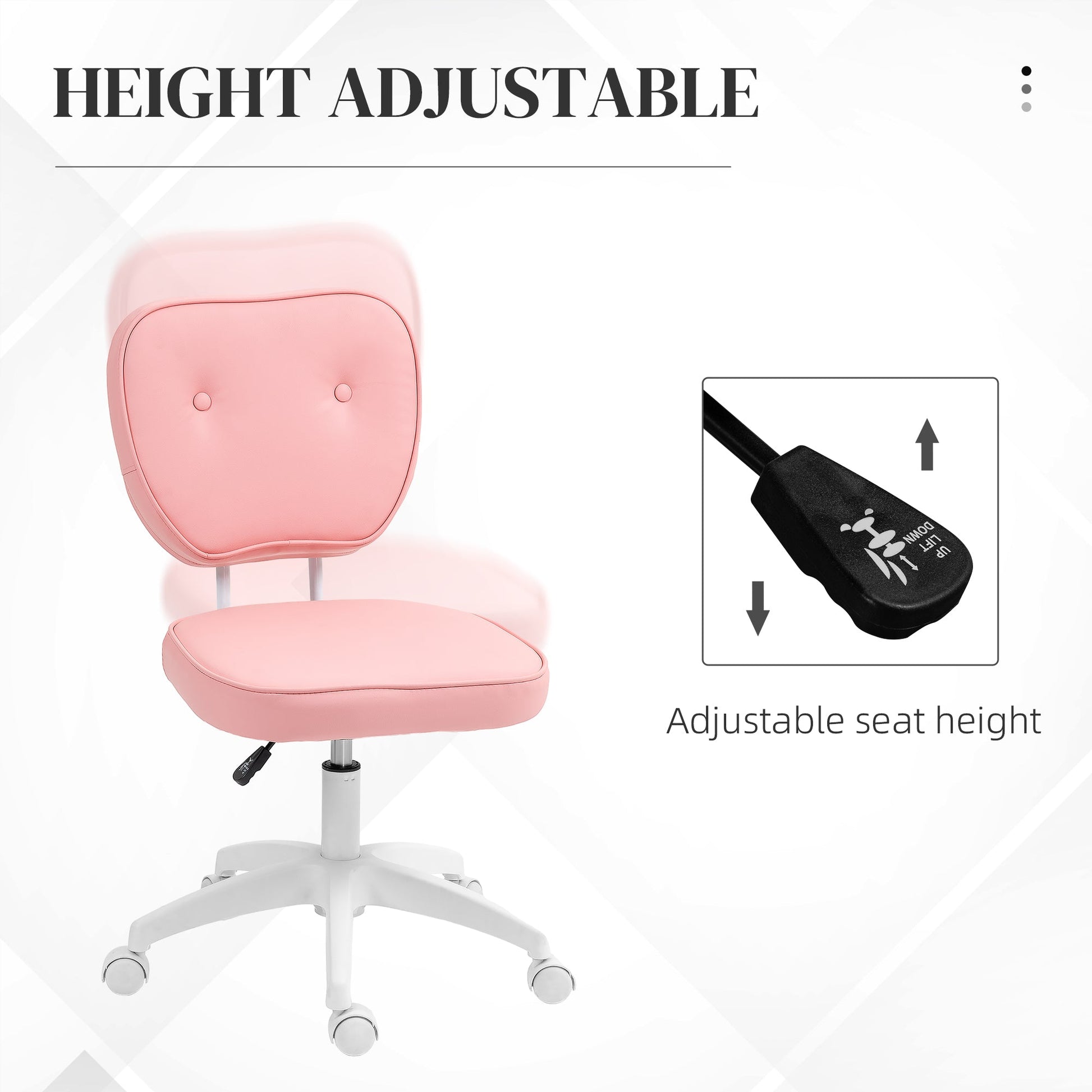 HOMCOM Cute Armless Office Chair, Small PU Leather Computer Desk Chair, Vanity Task Chair with Adjustable Height, Swivel Wheels, Mid Back, Pink