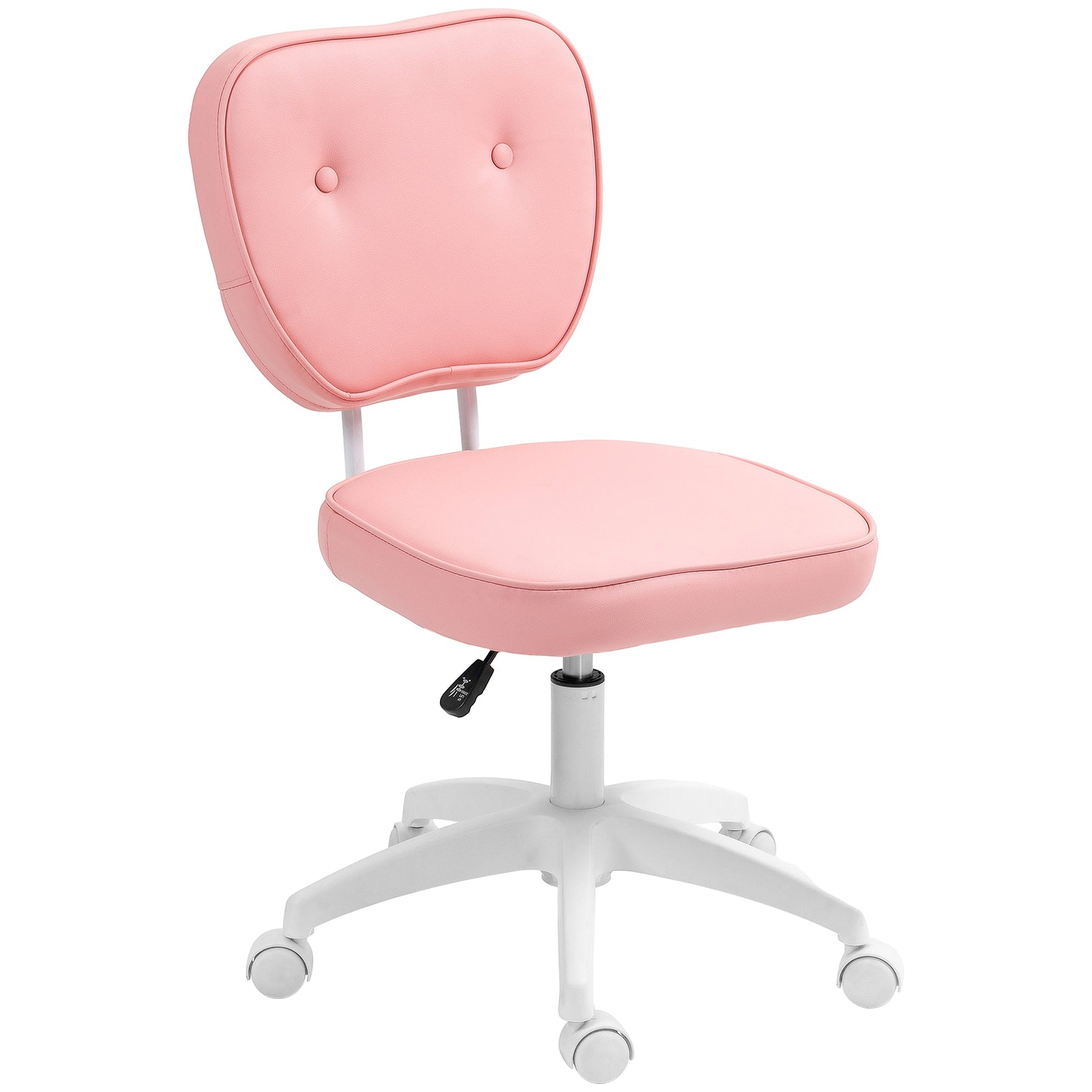 HOMCOM Cute Armless Office Chair, Small PU Leather Computer Desk Chair, Vanity Task Chair with Adjustable Height, Swivel Wheels, Mid Back, Pink