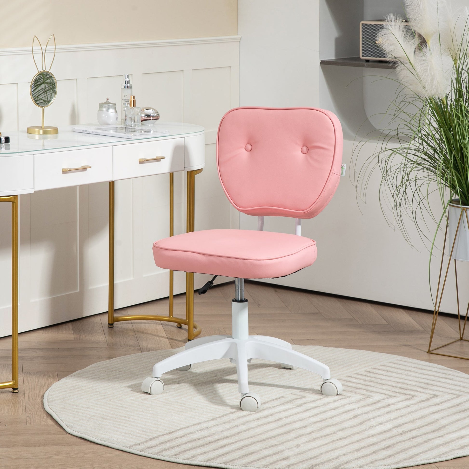 HOMCOM Cute Armless Office Chair, Small PU Leather Computer Desk Chair, Vanity Task Chair with Adjustable Height, Swivel Wheels, Mid Back, Pink