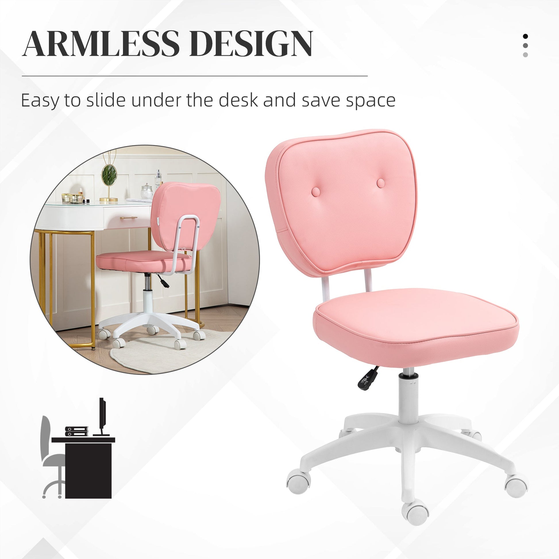 HOMCOM Cute Armless Office Chair, Small PU Leather Computer Desk Chair, Vanity Task Chair with Adjustable Height, Swivel Wheels, Mid Back, Pink