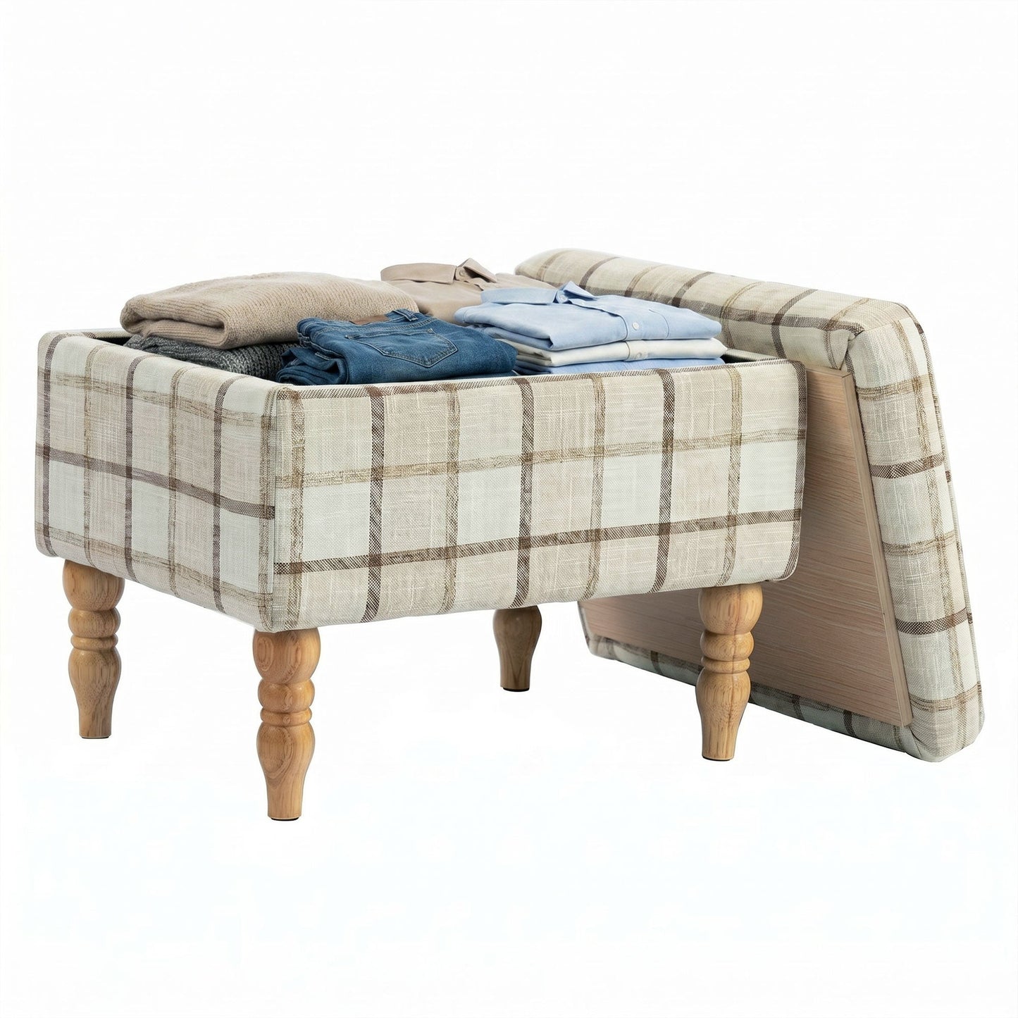 Rectangular Storage Stool, Linen-Look Fabric Upholstered Footstool with Removable Top, Padded Seat and Hidden Space for Living Room, Bedroom, Brown