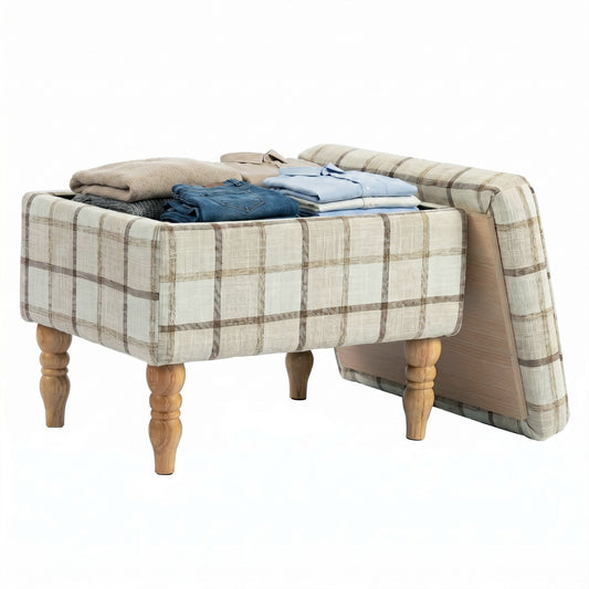 Rectangular Storage Stool, Linen-Look Fabric Upholstered Footstool with Removable Top, Padded Seat and Hidden Space for Living Room, Bedroom, Brown