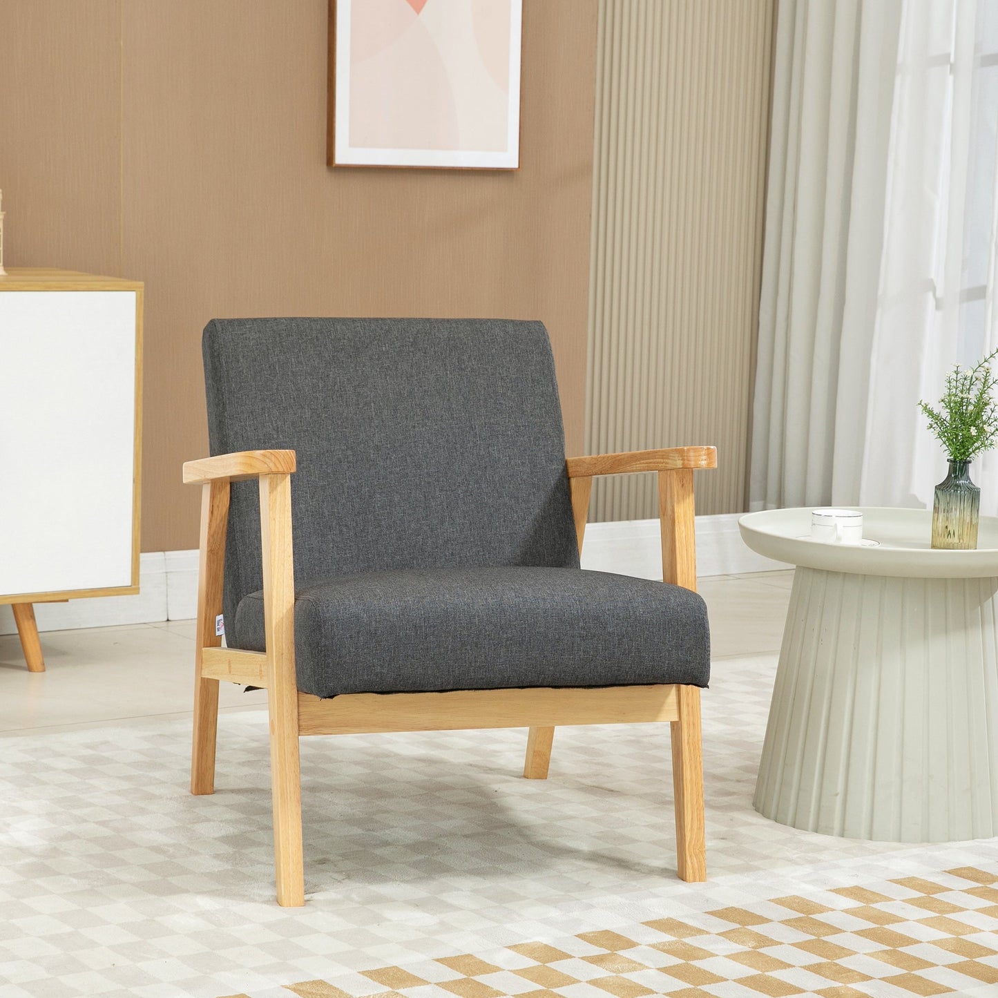 HOMCOM Accent Armchair, Living Room Chair, Wooden Upholstered Single Lounge Chair with Rubber Wood Legs and Padded Seat , Leisure Sofa Chair for Bedroom Office, Dark Grey