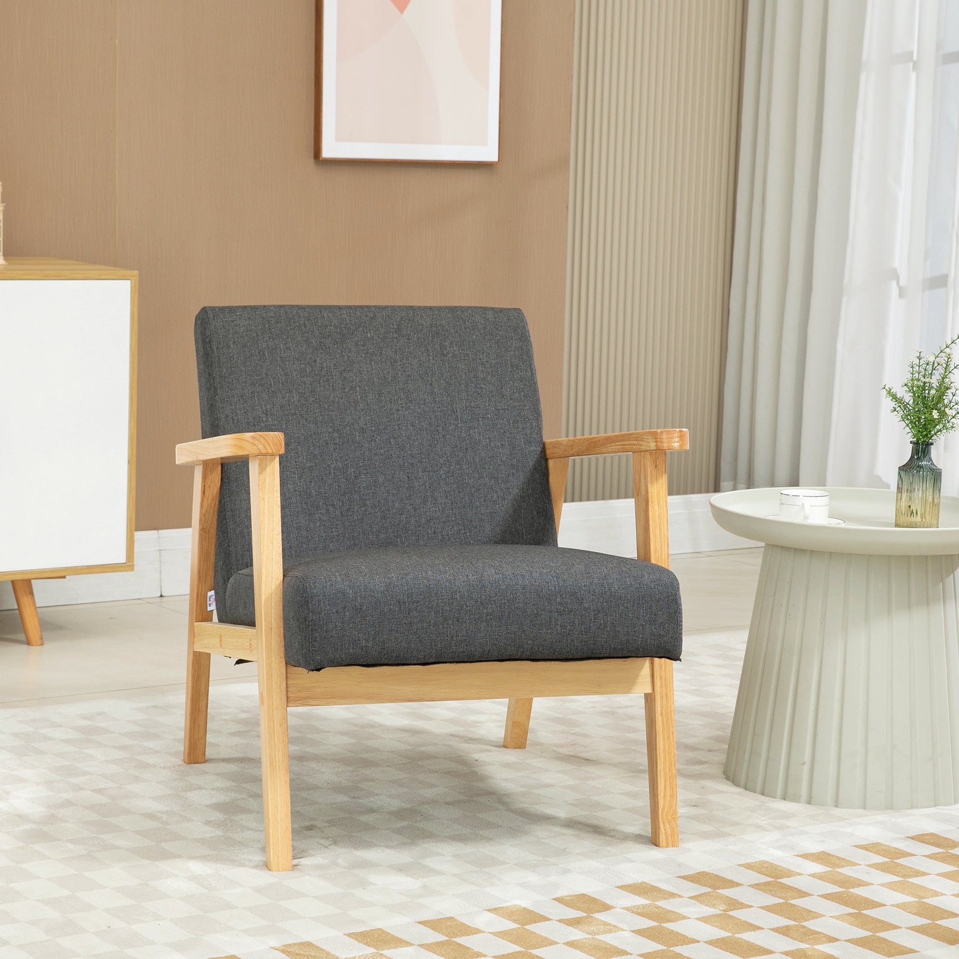 HOMCOM Accent Armchair, Living Room Chair, Wooden Upholstered Single Lounge Chair with Rubber Wood Legs and Padded Seat , Leisure Sofa Chair for Bedroom Office, Dark Grey