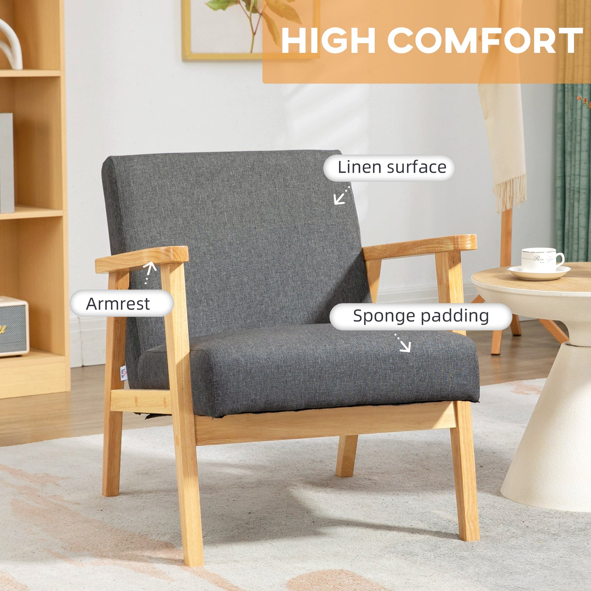HOMCOM Accent Armchair, Living Room Chair, Wooden Upholstered Single Lounge Chair with Rubber Wood Legs and Padded Seat , Leisure Sofa Chair for Bedroom Office, Dark Grey
