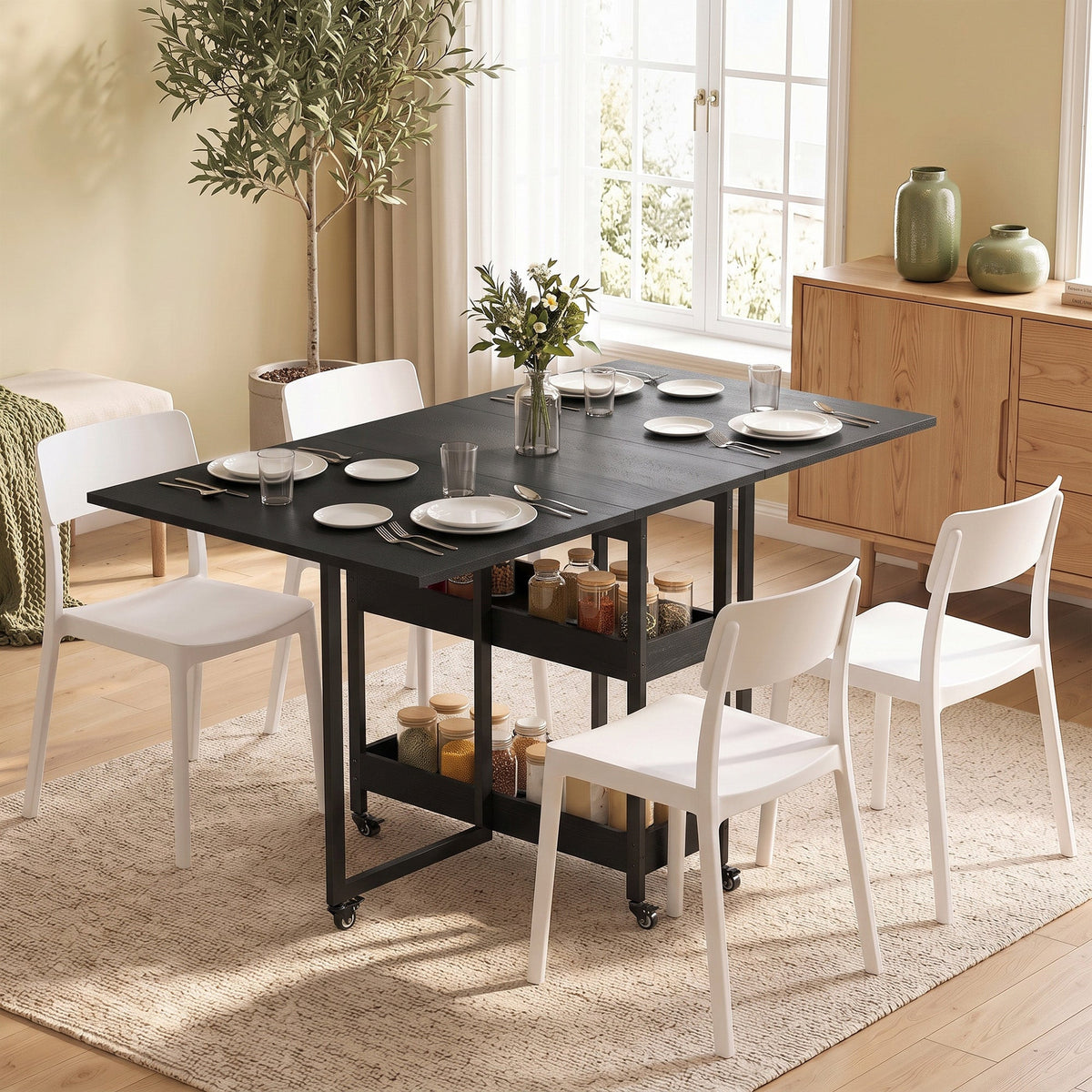 Folding Dining Table for 4, Space-Saving Drop-Leaf Kitchen Table with Storage Shelves and Wheels for Small Spaces, Dining Room or Kitchen, Black