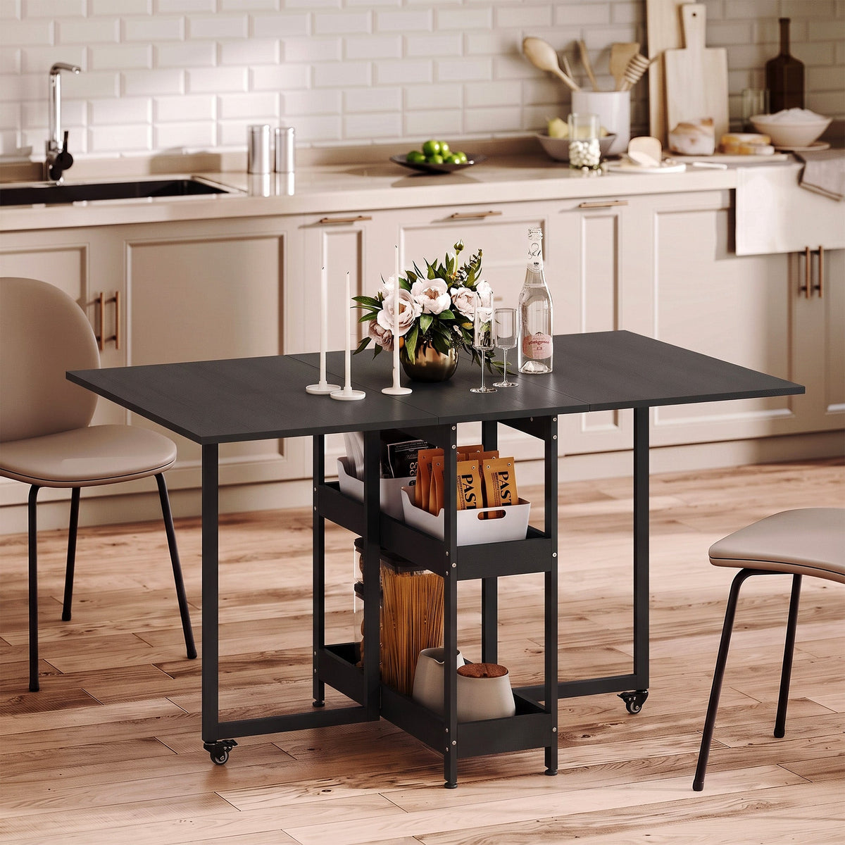 Folding Dining Table for 4, Space-Saving Drop-Leaf Kitchen Table with Storage Shelves and Wheels for Small Spaces, Dining Room or Kitchen, Black