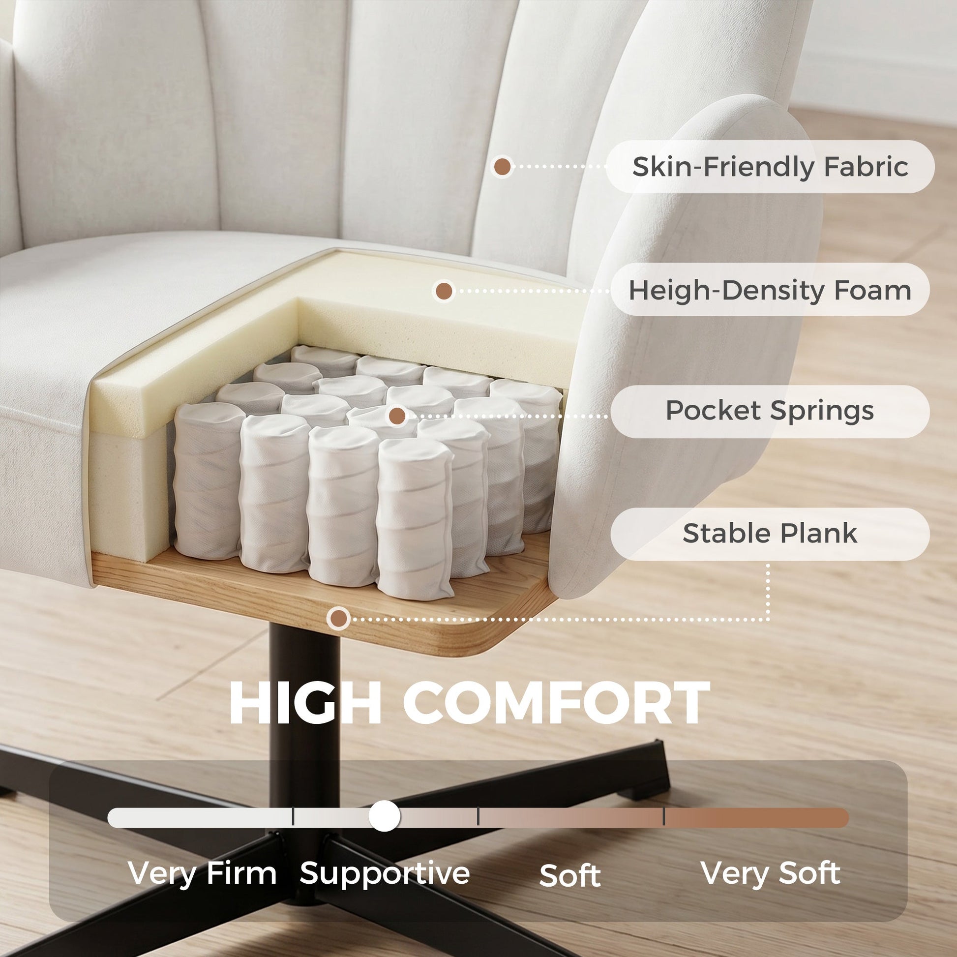 Swivel Accent Chair, Velvet-Feel Fabric Shell-Shaped Armchair with Spring Cushion, Metal Base, Modern Reading Chair for Living Room, Bedroom, Study, Makeup, Cream White
