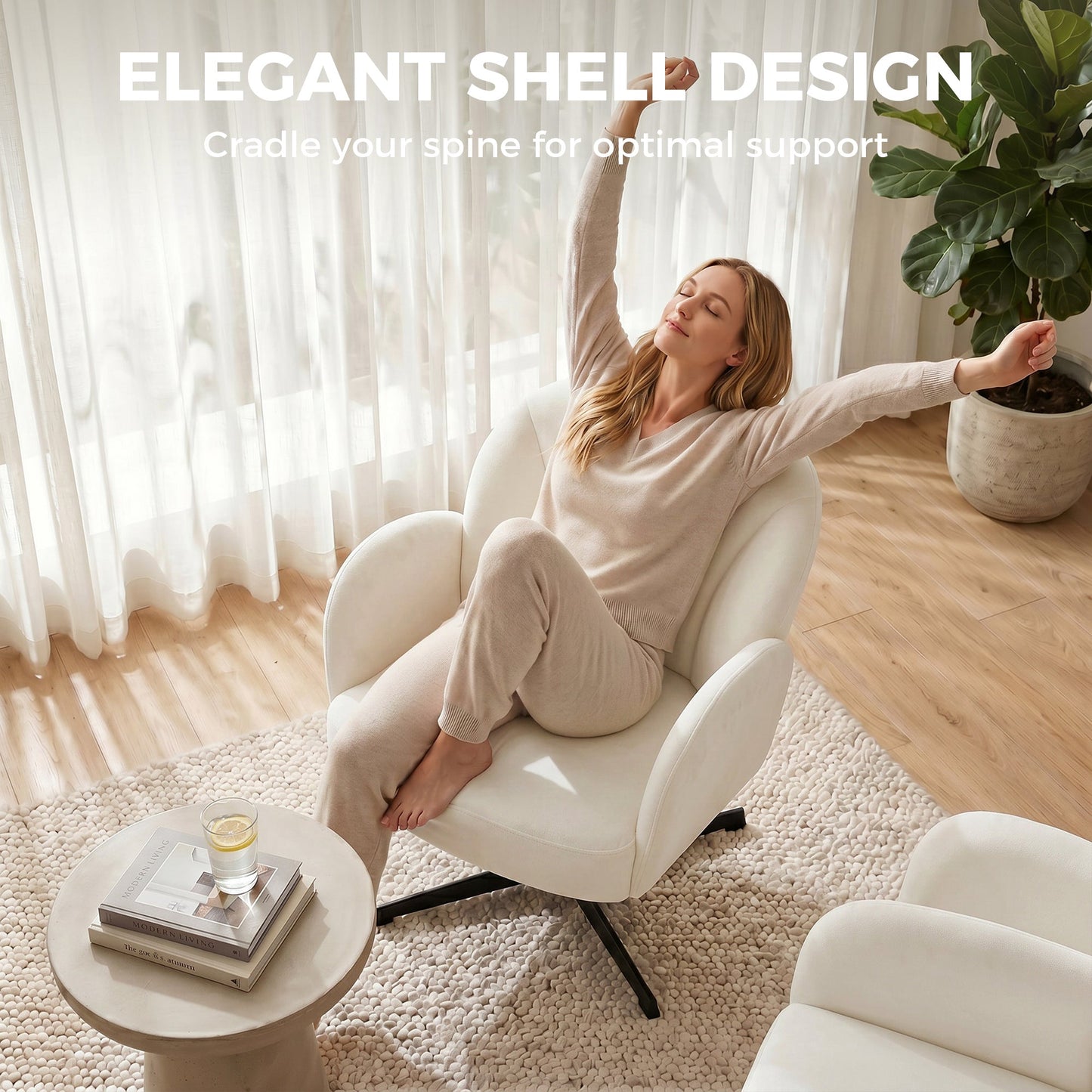 Swivel Accent Chair, Velvet-Feel Fabric Shell-Shaped Armchair with Spring Cushion, Metal Base, Modern Reading Chair for Living Room, Bedroom, Study, Makeup, Cream White