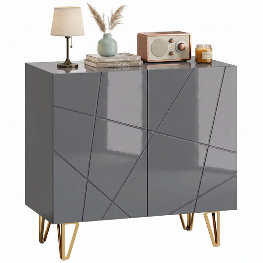 Storage Cabinet with High Gloss, Freestanding Sideboard with Adjustable Shelf, Soft-Close Doors and Gold Tone Hairpin Legs for Living Room, Dining Room, Hallway, Grey