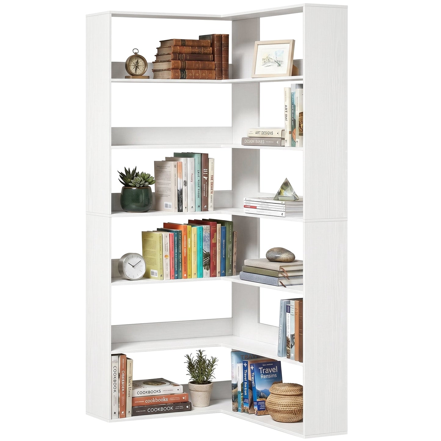 7 Tiers Corner Bookshelf, L-Shaped Bookcase with Anti-Slip Rear Guard, Storage Shelves for Living Room, Bedroom and Home Office, 90W x 90D x 180H cm, White Wood Effect