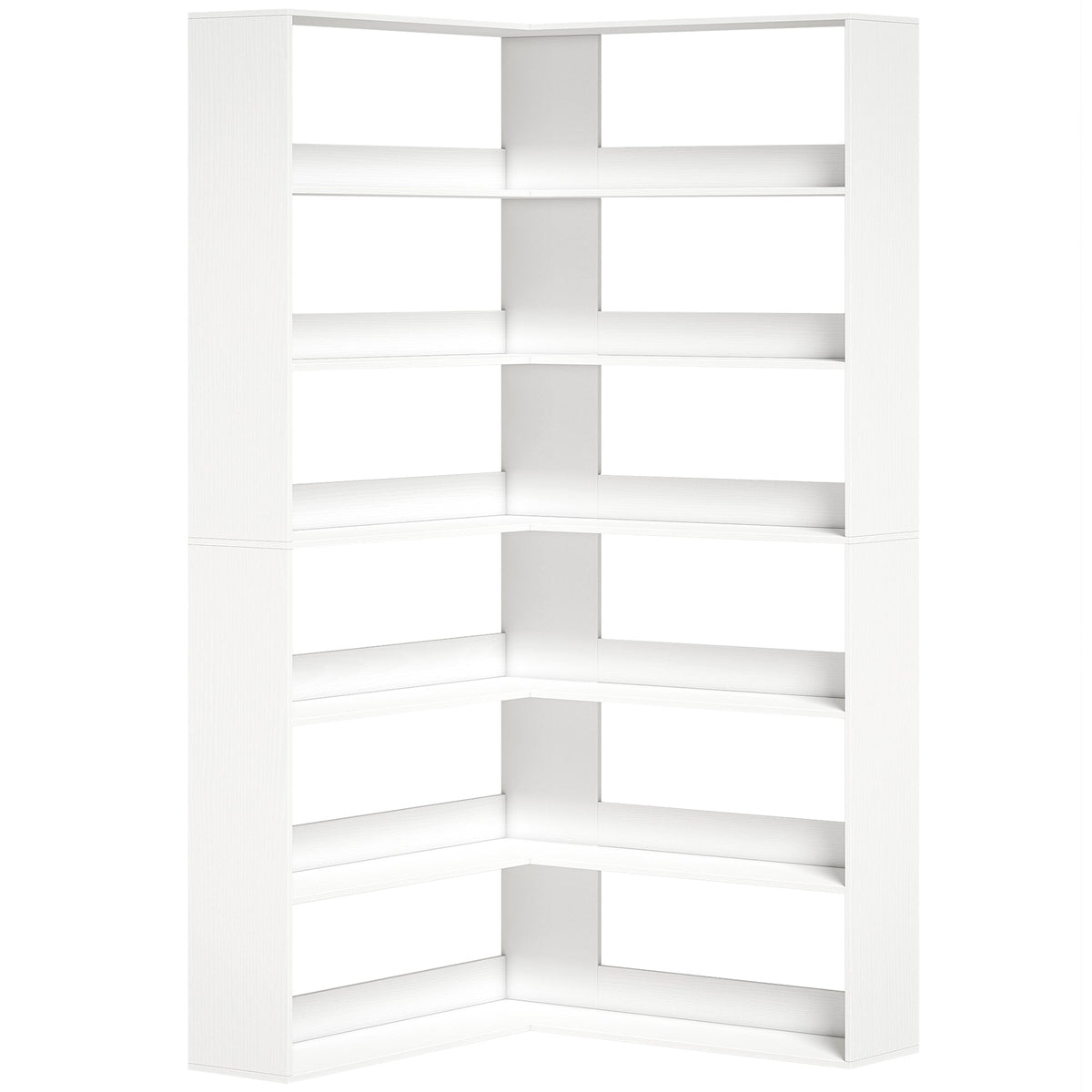 7 Tiers Corner Bookshelf, L-Shaped Bookcase with Anti-Slip Rear Guard, Storage Shelves for Living Room, Bedroom and Home Office, 90W x 90D x 180H cm, White Wood Effect