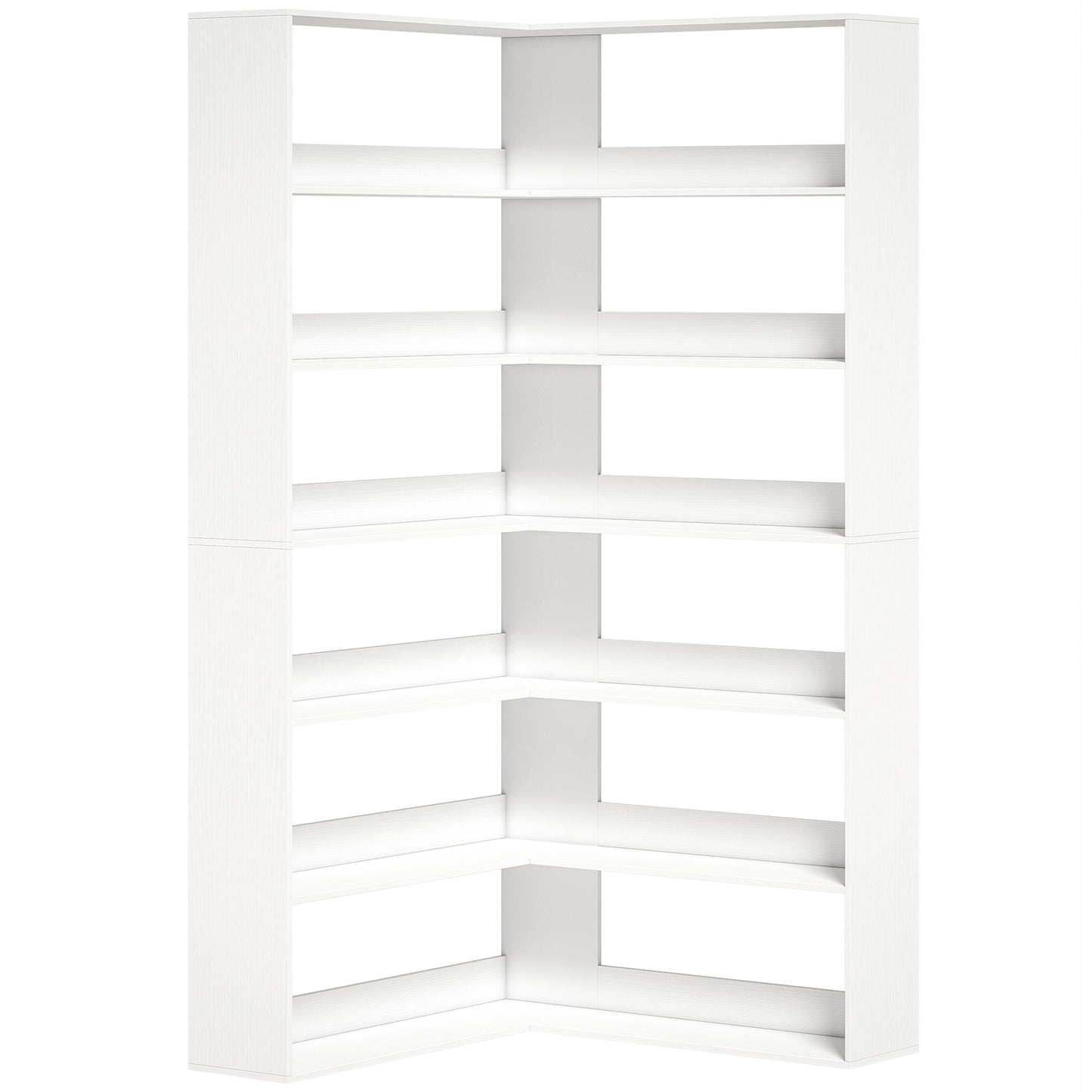 7 Tiers Corner Bookshelf, L-Shaped Bookcase with Anti-Slip Rear Guard, Storage Shelves for Living Room, Bedroom and Home Office, 90W x 90D x 180H cm, White Wood Effect