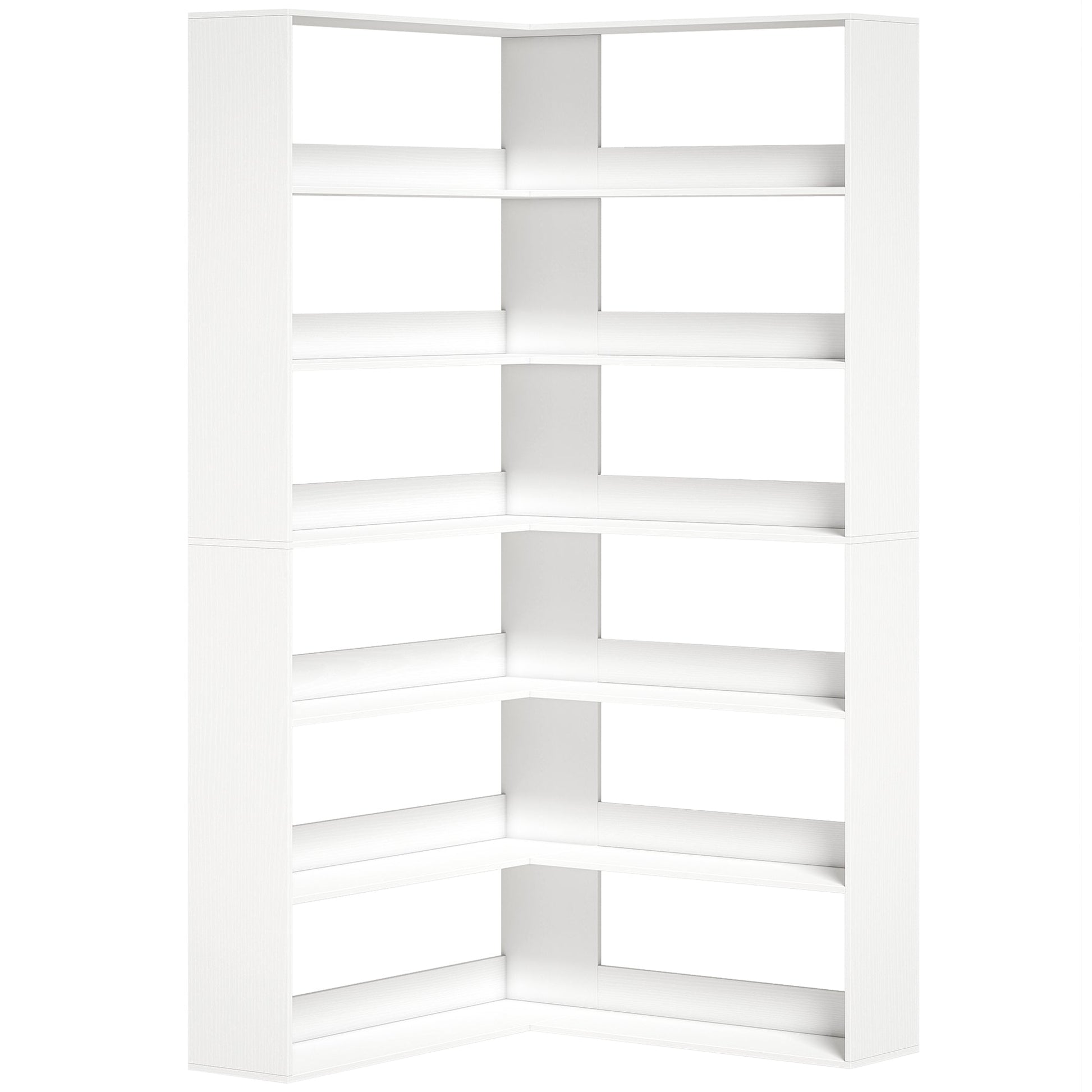 7 Tiers Corner Bookshelf, L-Shaped Bookcase with Anti-Slip Rear Guard, Storage Shelves for Living Room, Bedroom and Home Office, 90W x 90D x 180H cm, White Wood Effect
