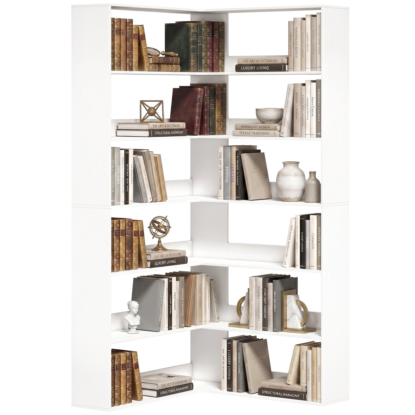 7 Tiers Corner Bookshelf, L-Shaped Bookcase with Anti-Slip Rear Guard, Storage Shelves for Living Room, Bedroom and Home Office, 90W x 90D x 180H cm, White Wood Effect