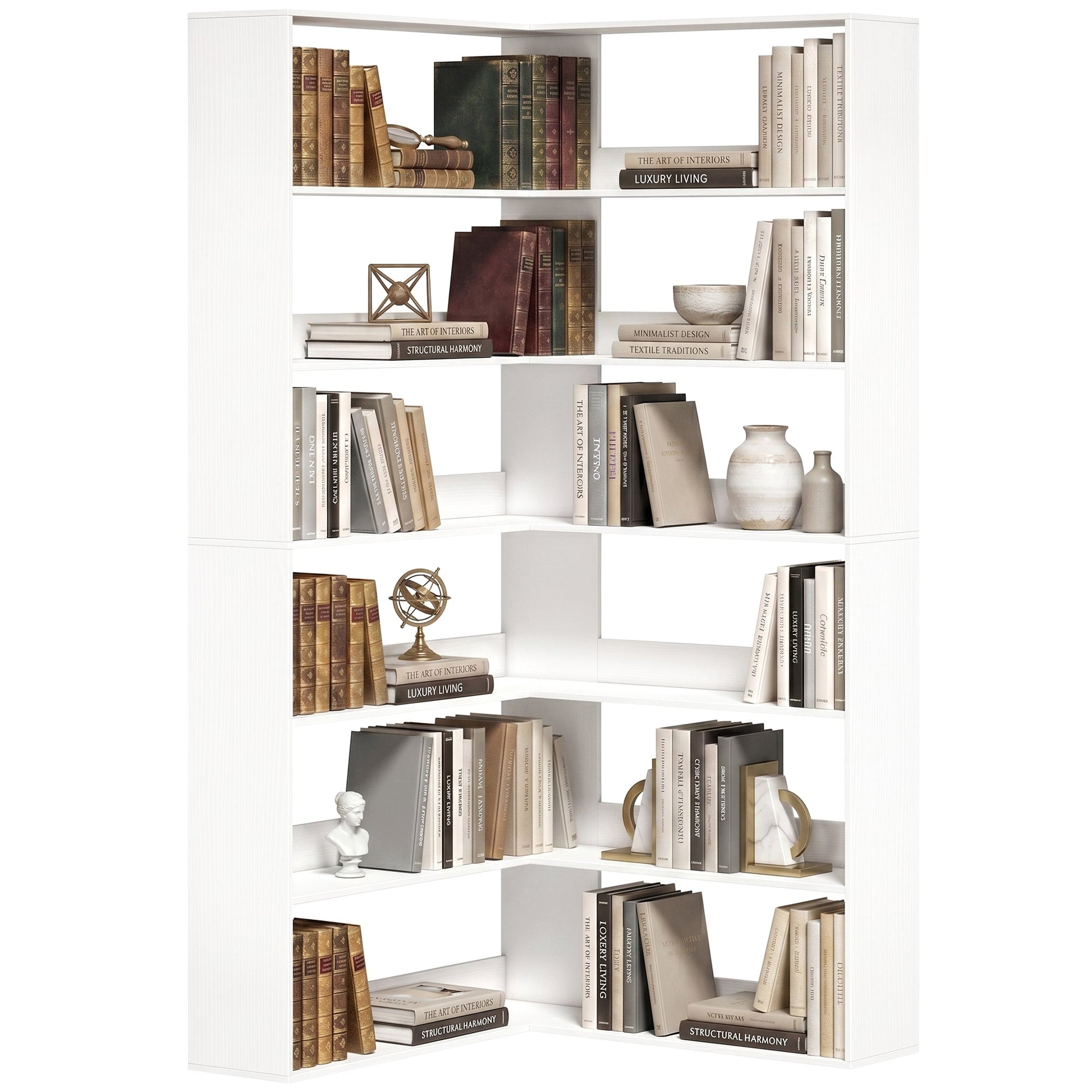 7 Tiers Corner Bookshelf, L-Shaped Bookcase with Anti-Slip Rear Guard, Storage Shelves for Living Room, Bedroom and Home Office, 90W x 90D x 180H cm, White Wood Effect