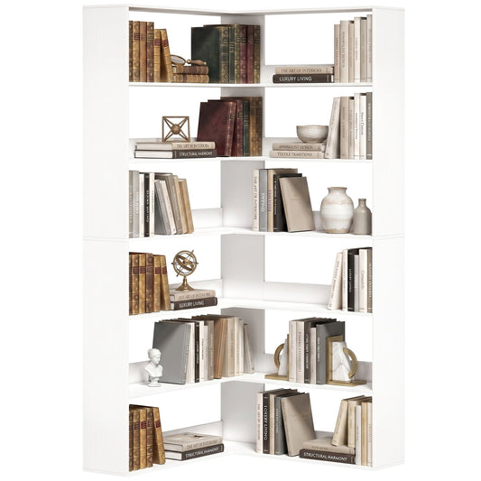 7 Tiers Corner Bookshelf, L-Shaped Bookcase with Anti-Slip Rear Guard, Storage Shelves for Living Room, Bedroom and Home Office, 90W x 90D x 180H cm, White Wood Effect