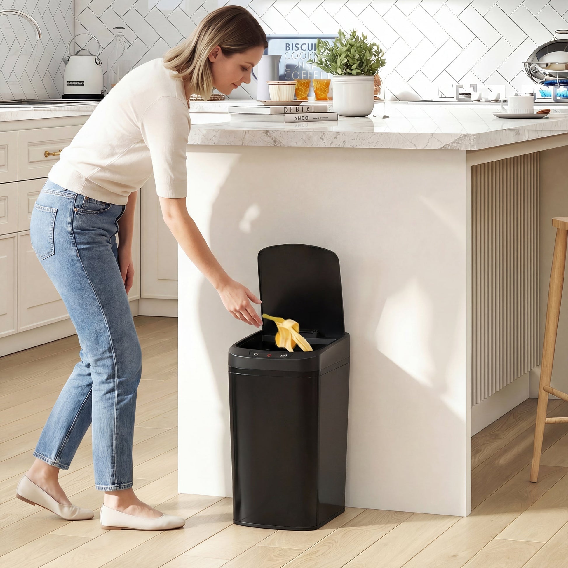12L Sensor Bin, Automatic Touchless Motion Sensor Kitchen Bin, Compact Trash Can with Fingerprint Resistant Stainless Steel for Hygienic Gyms, Home Office Use, Black