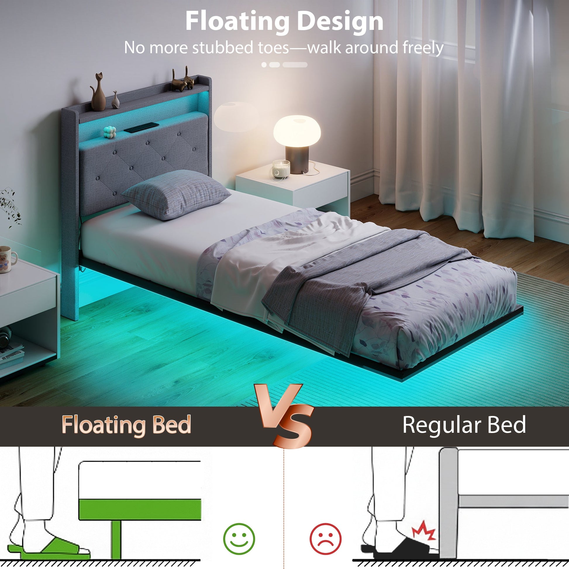 3ft Single Size Bed Frame, Floating Bed Frame with Music Sync RGB LED Lights and Charging Station, Upholstered Headboard with Storage Shelves, No Box Spring Needed, Noise Free, Grey