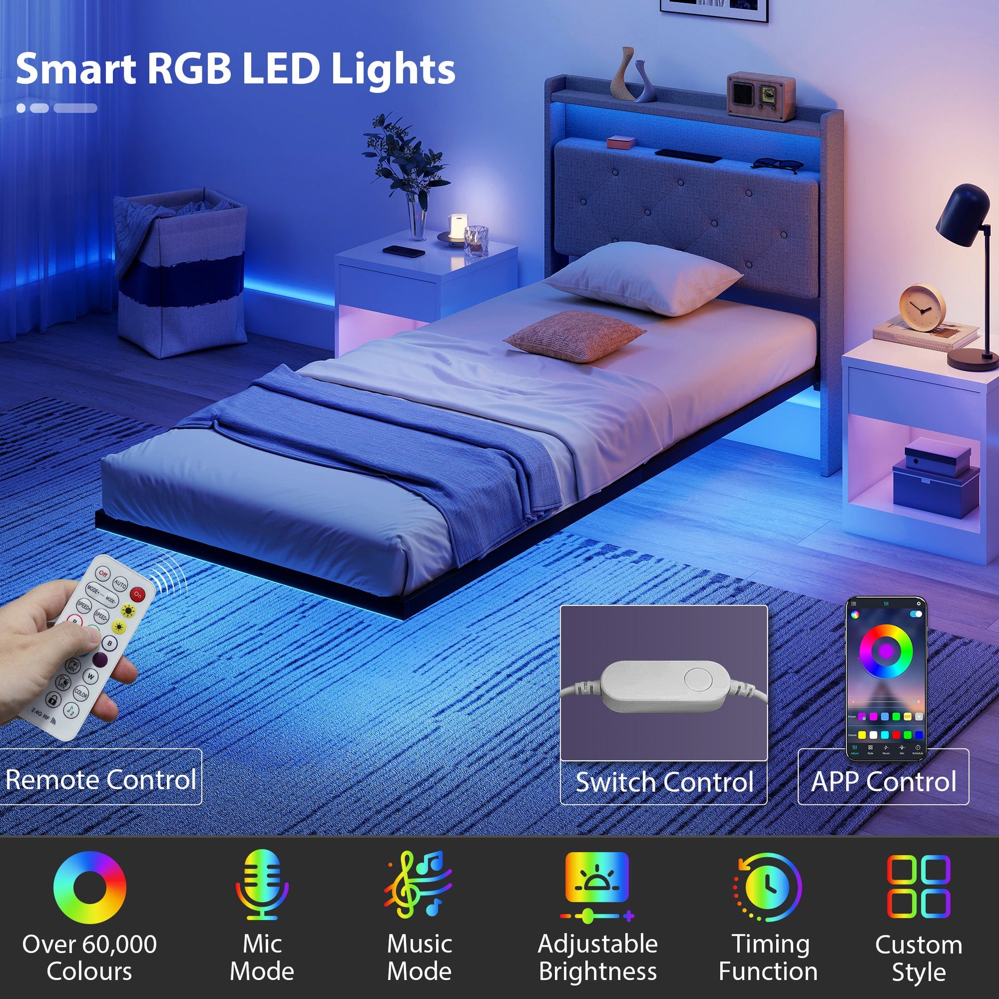 3ft Single Size Bed Frame, Floating Bed Frame with Music Sync RGB LED Lights and Charging Station, Upholstered Headboard with Storage Shelves, No Box Spring Needed, Noise Free, Grey