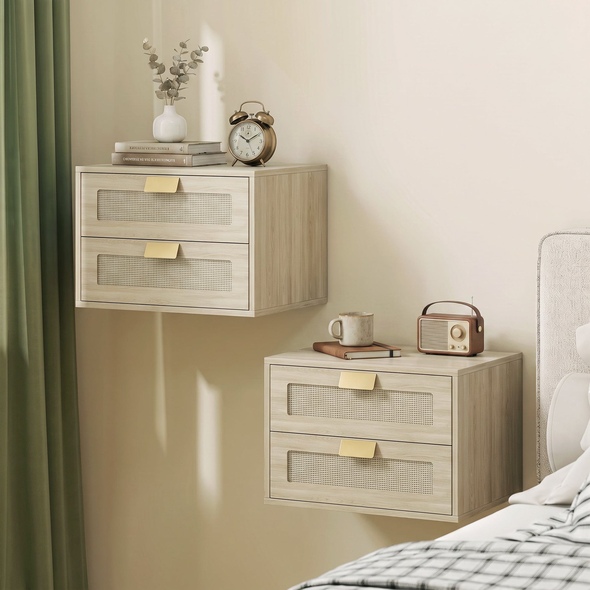 Modern Floating Nightstands Set of 2, Wall Mounted Bedside Tables with 2 Drawers, Bedside Cabinet for Bedroom Living Room, Oak