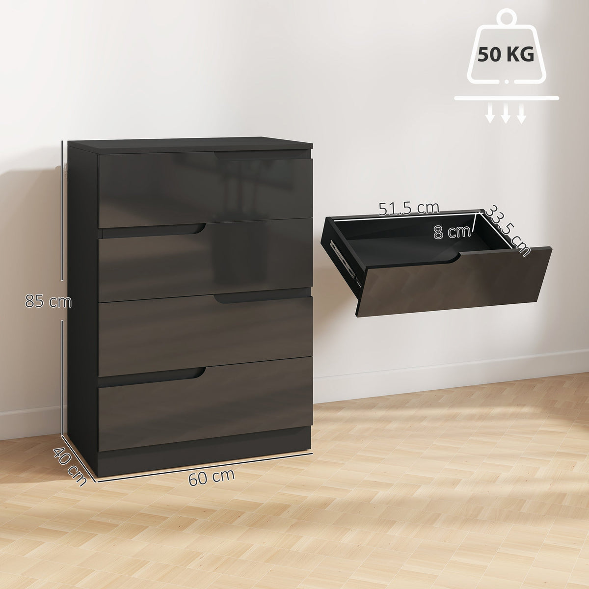 Modern Dresser with 4 Drawers, Chest of Drawers for Bedroom, Living Room, 60 x 40 x 85cm, Black