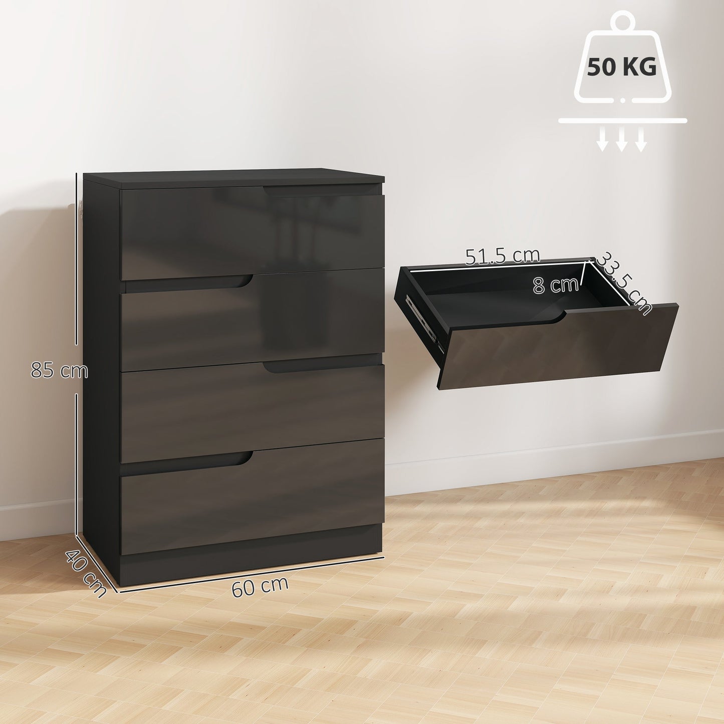 Modern Dresser with 4 Drawers, Chest of Drawers for Bedroom, Living Room, 60 x 40 x 85cm, Black