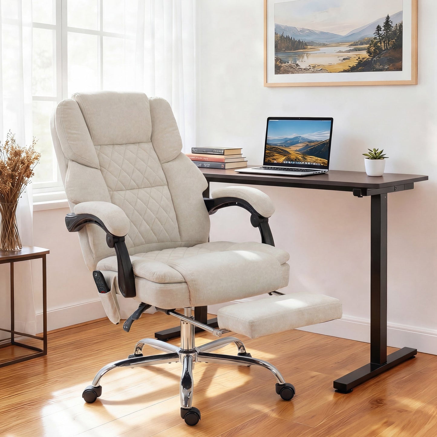 Office Chair with 6-point Vibration Massage and Heat, Velvet-feel Fabric Desk Chair with Footrest, Linkage Armrests, High Back, Adjustable Height, 135° Reclining for Home Office, Cream White