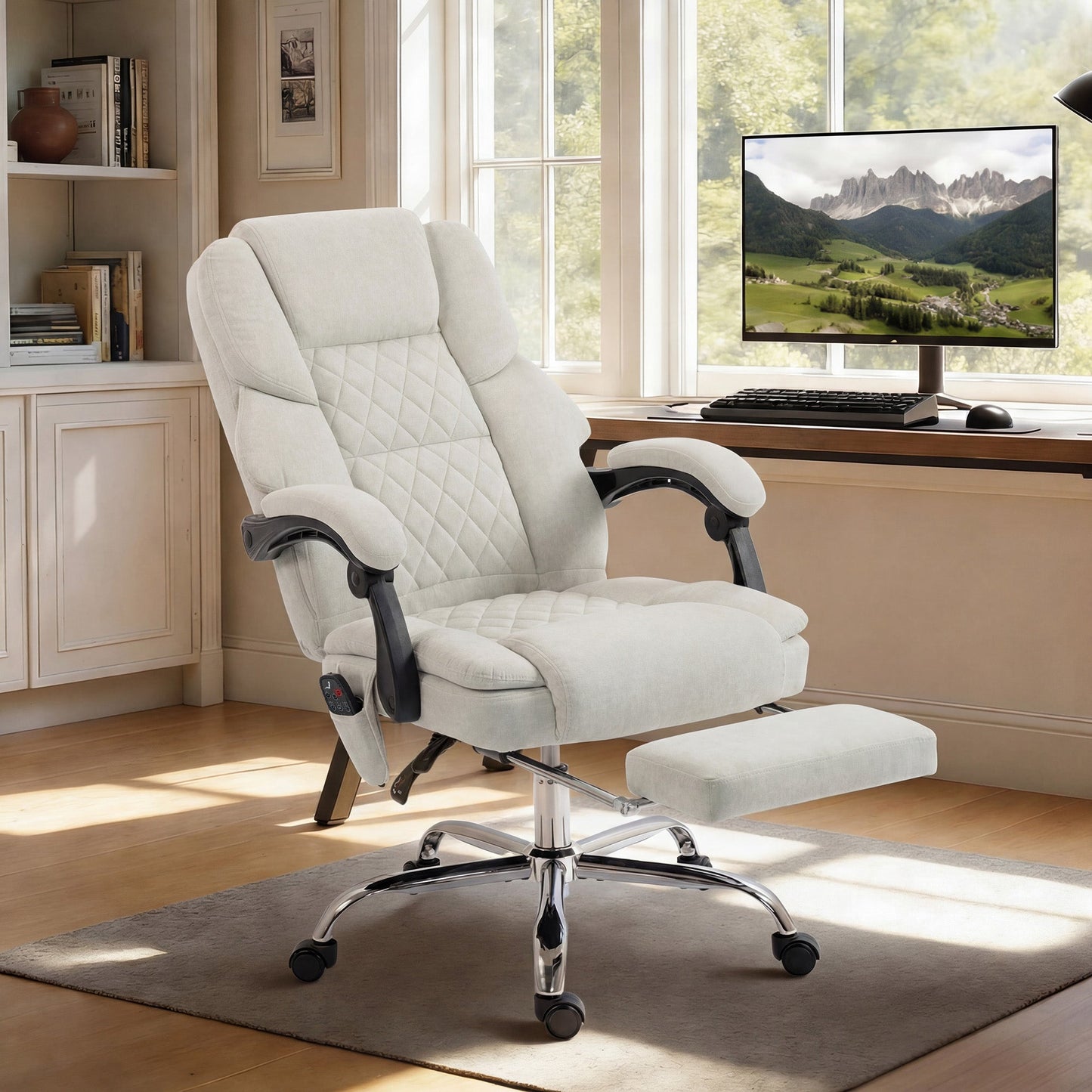 Office Chair with 6-point Vibration Massage and Heat, Velvet-feel Fabric Desk Chair with Footrest, Linkage Armrests, High Back, Adjustable Height, 135° Reclining for Home Office, Cream White