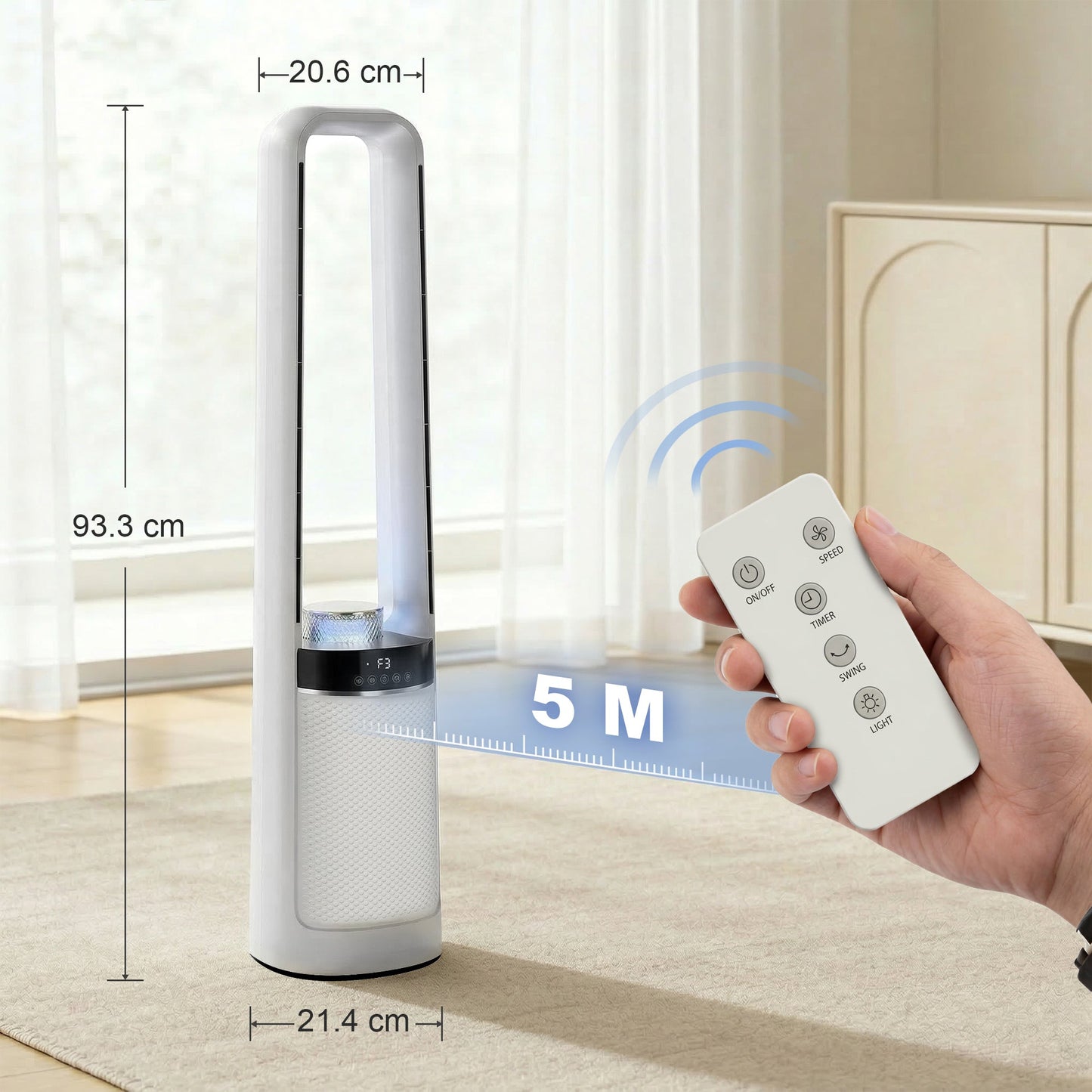 Bladeless Tower Fan for Bedroom, 36dB Standing Cooling Fan with 45° Oscillating, LED Lights, 3 Speeds, 12H Timer, Remote Control, 37 inch, White