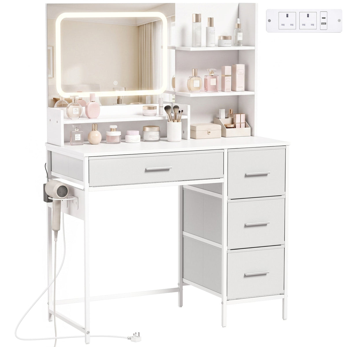 Dressing Table with 3-Colour LED Mirror and Power Outlet, Vanity Desk with 4 Drawers, 5 Open Shelves and Hair Dryer Holder, Modern Makeup Table for Bedroom, 88 x 40 x 130 cm, White