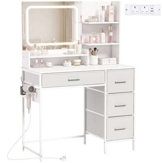 Dressing Table with 3-Colour LED Mirror and Power Outlet, Vanity Desk with 4 Drawers, 5 Open Shelves and Hair Dryer Holder, Modern Makeup Table for Bedroom, 88 x 40 x 130 cm, White