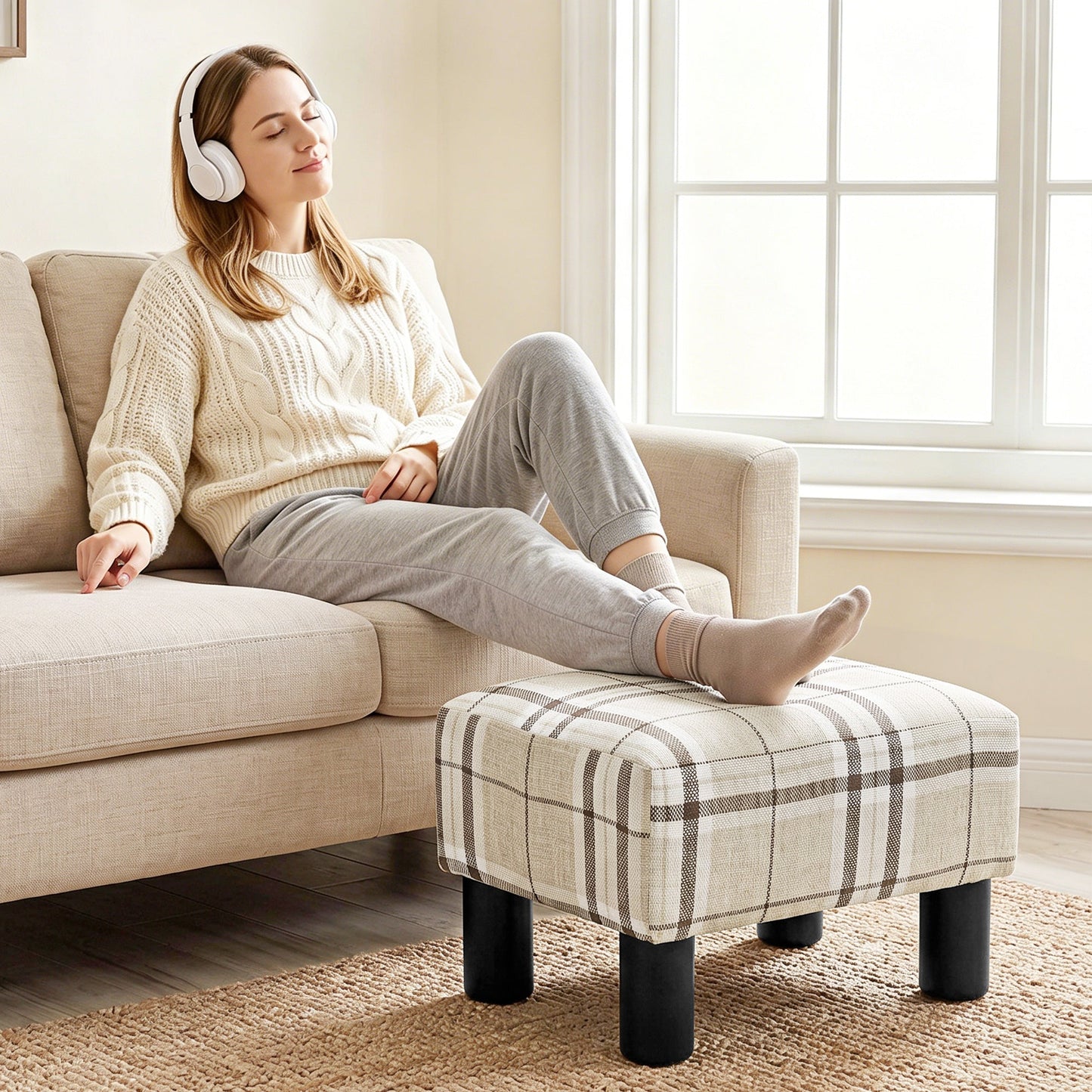 Linen-Look Fabric Foot Stool Footrest Small Seat Footrest Chair Ottoman Home Office with Legs 40 x 30 x 24cm, Multi-colored