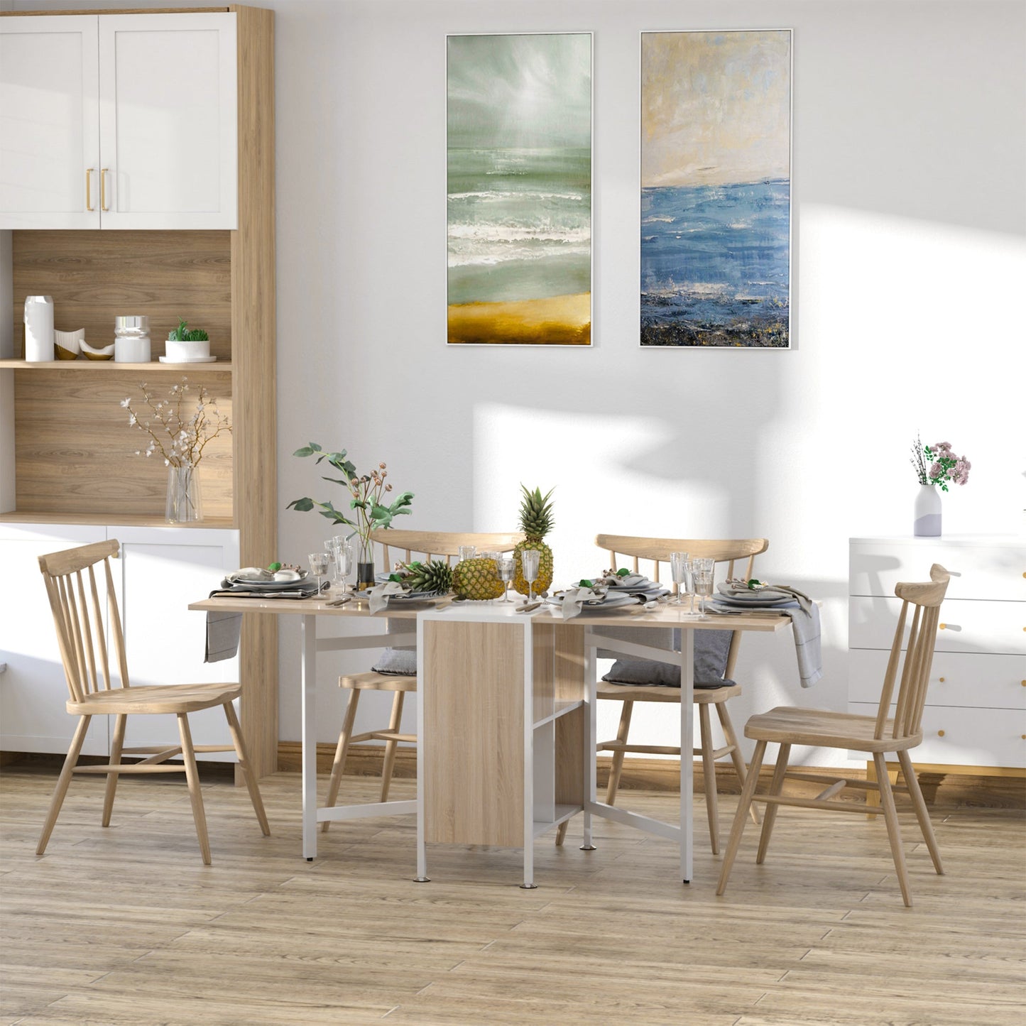 Foldable Drop Leaf Dining Table Folding Workstation for Small Space with Storage Shelves Cubes Oak & White