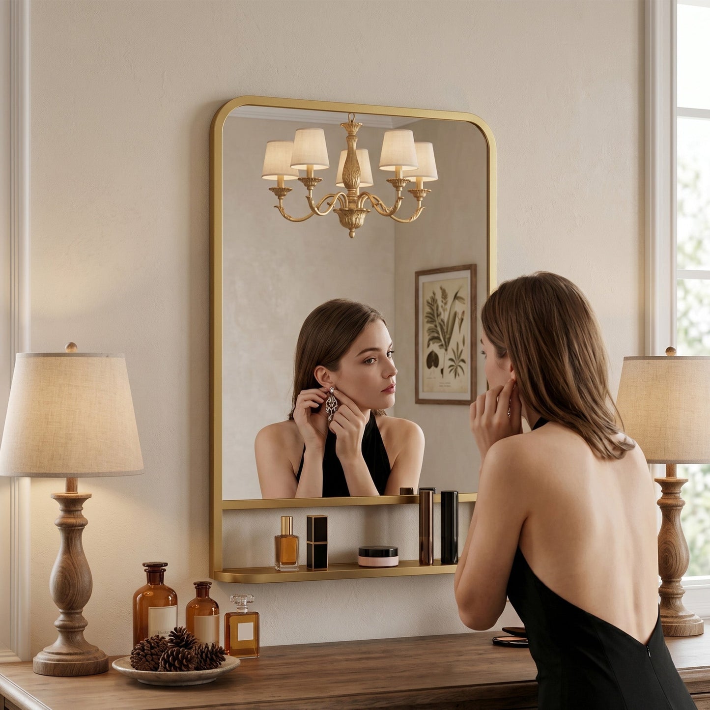 Modern Rectangular Wall Mirror with Storage Shelf, 70 x 50 cm Mirror for Living Room, Bedroom, Gold Tone