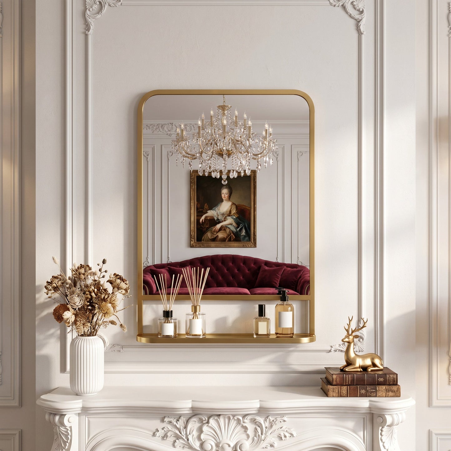 Modern Rectangular Wall Mirror with Storage Shelf, 70 x 50 cm Mirror for Living Room, Bedroom, Gold Tone