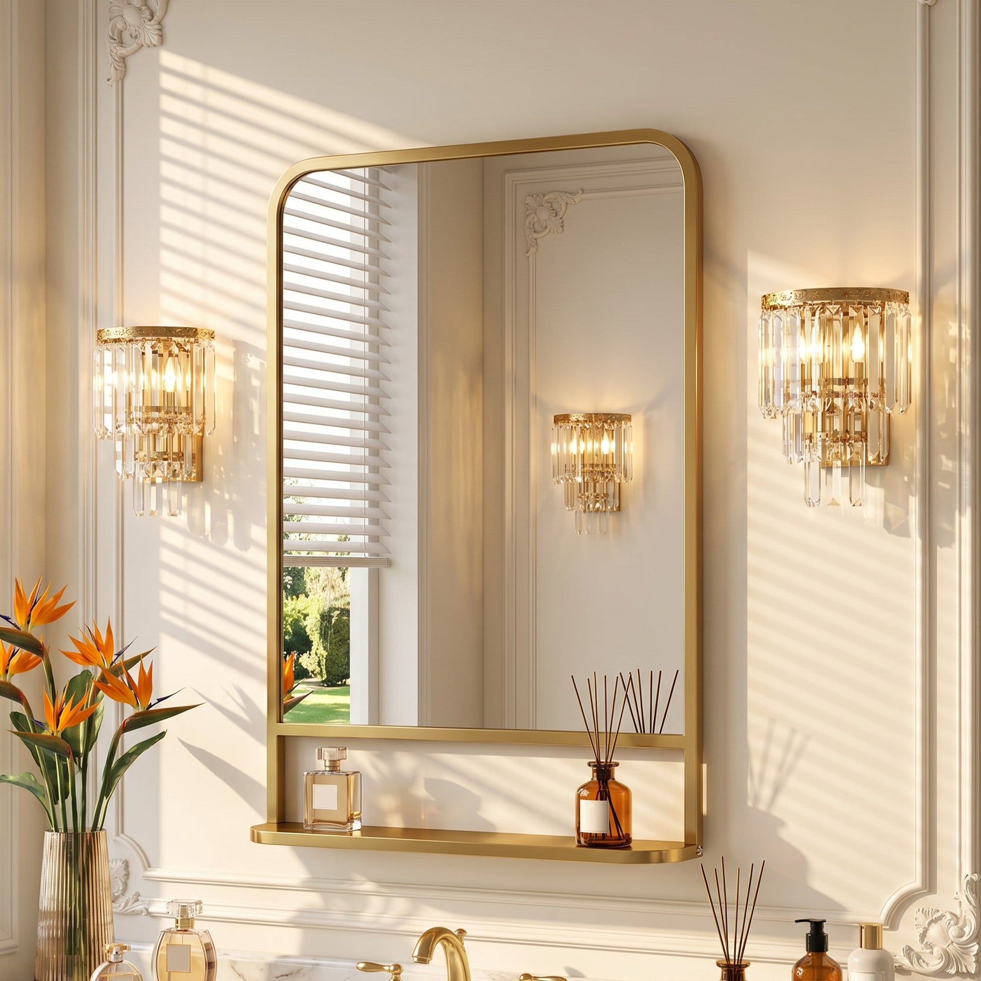 Modern Rectangular Wall Mirror with Storage Shelf, 70 x 50 cm Mirror for Living Room, Bedroom, Gold Tone