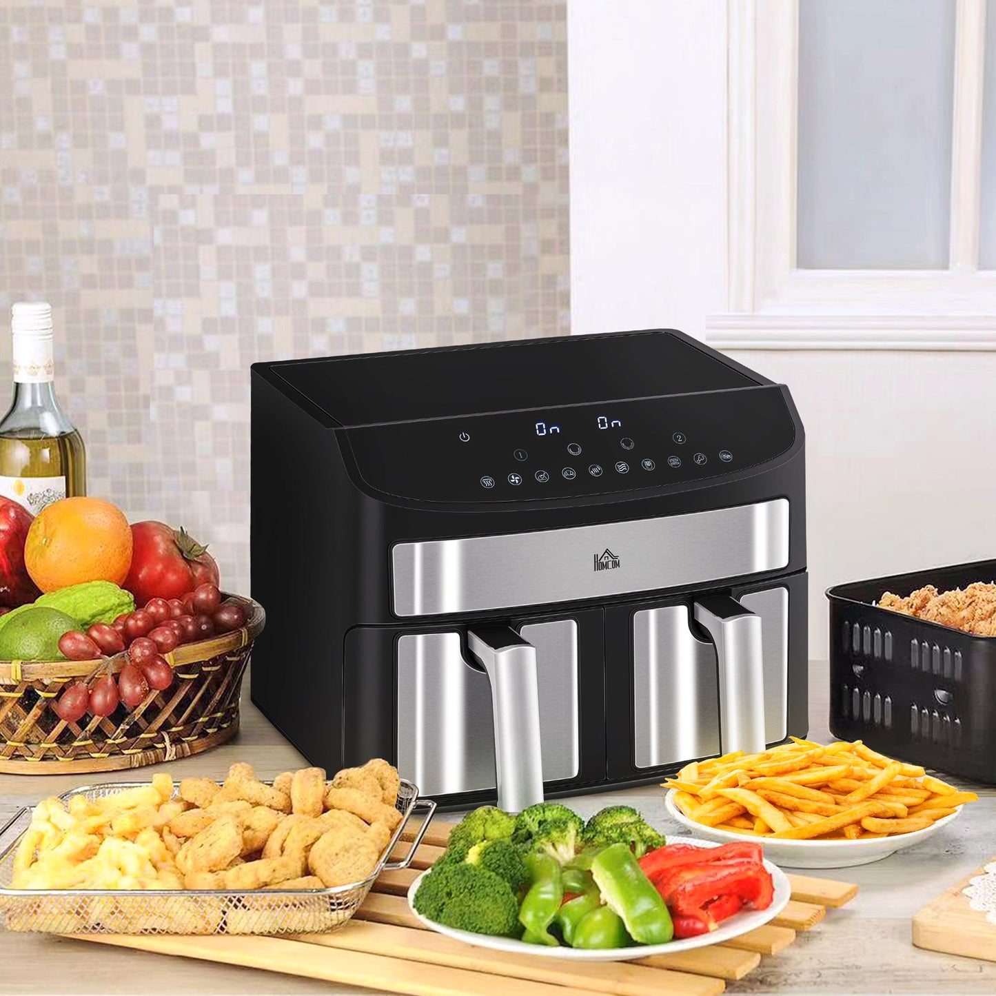 HOMCOM Dual Zone Digital Air Fryer, 10-in-1 8L Family Size with 2 x 4L Baskets, Sync Cook & Smart Finish, 60-Minute Timer for Oil Free & Low Fat Healthy Cooking, 2400W, Black