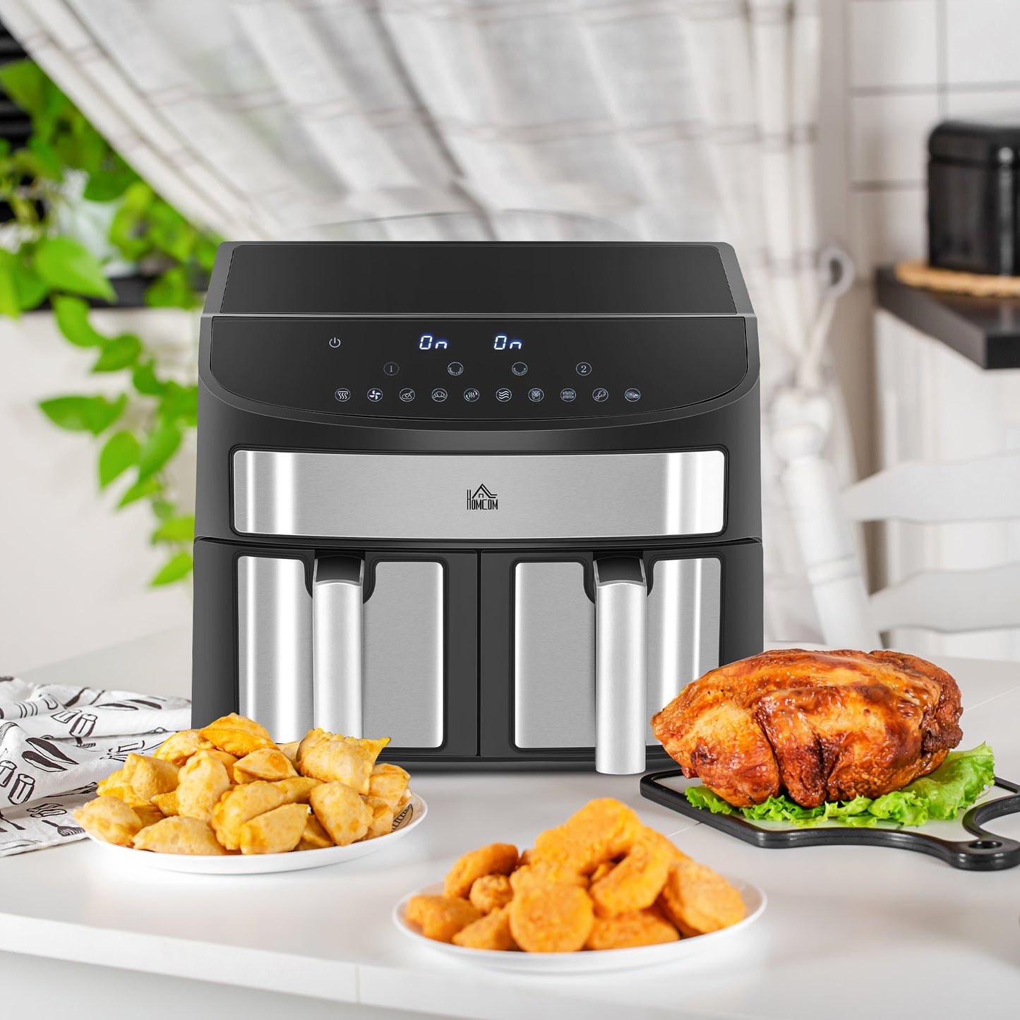 HOMCOM Dual Zone Digital Air Fryer, 10-in-1 8L Family Size with 2 x 4L Baskets, Sync Cook & Smart Finish, 60-Minute Timer for Oil Free & Low Fat Healthy Cooking, 2400W, Black