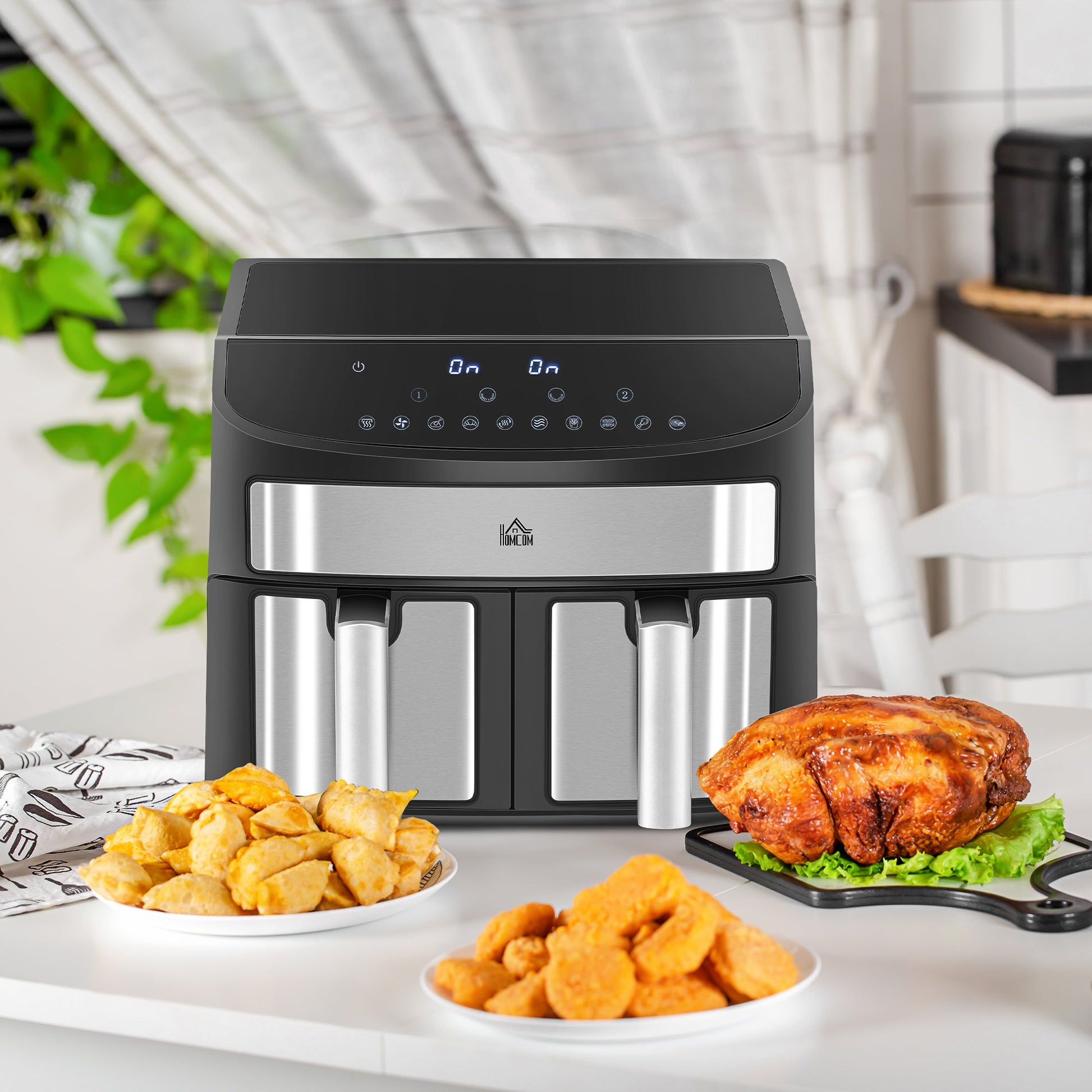 HOMCOM Dual Zone Digital Air Fryer, 10-in-1 8L Family Size with 2 x 4L Baskets, Sync Cook & Smart Finish, 60-Minute Timer for Oil Free & Low Fat Healthy Cooking, 2400W, Black