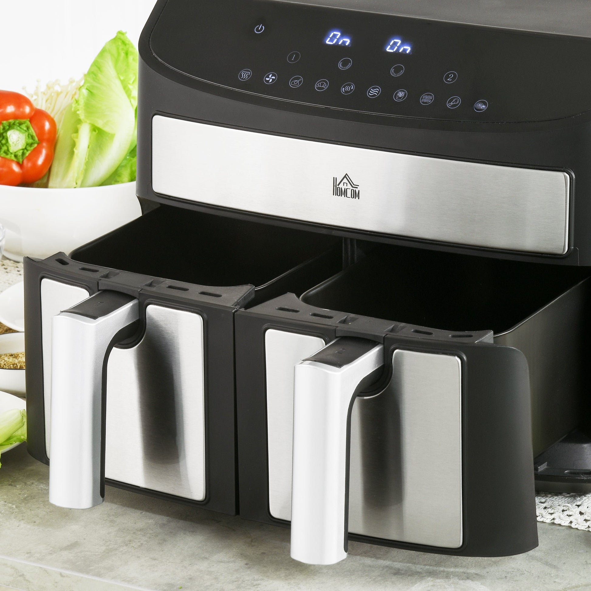 HOMCOM Dual Zone Digital Air Fryer, 10-in-1 8L Family Size with 2 x 4L Baskets, Sync Cook & Smart Finish, 60-Minute Timer for Oil Free & Low Fat Healthy Cooking, 2400W, Black