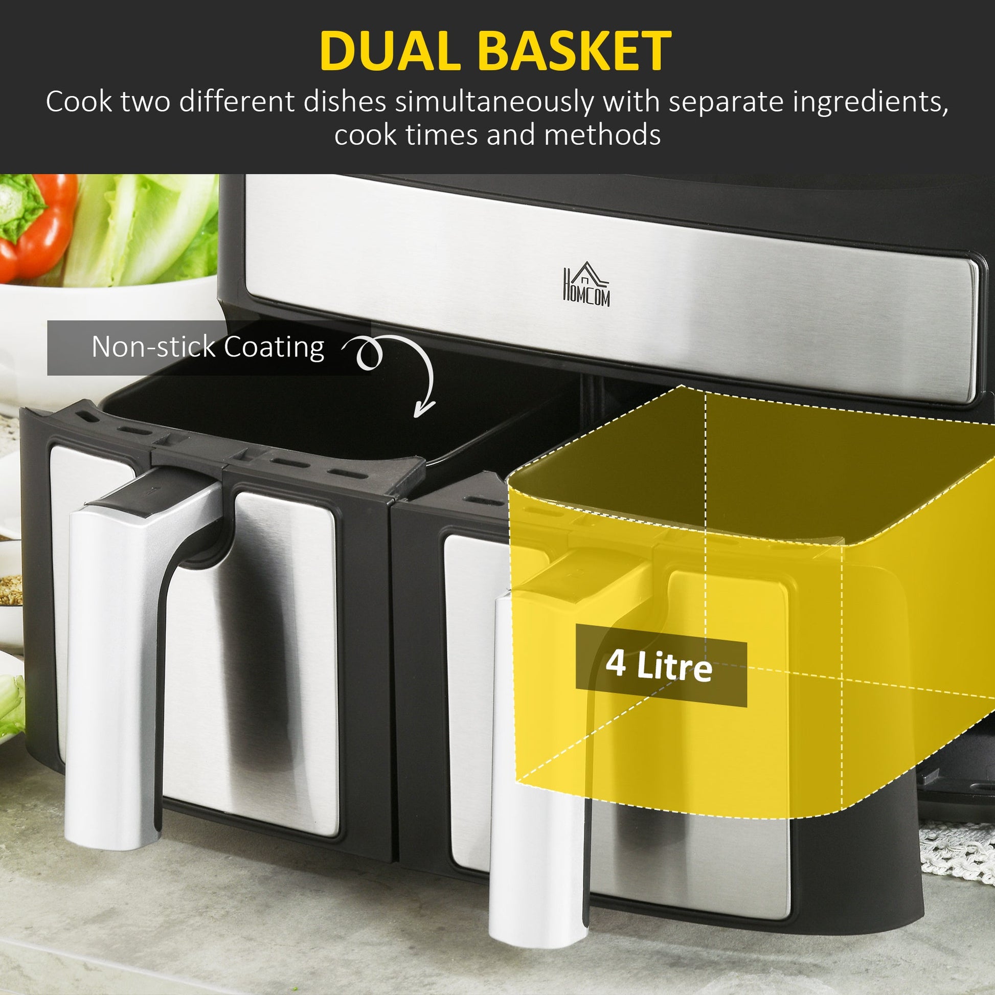 HOMCOM Dual Zone Digital Air Fryer, 10-in-1 8L Family Size with 2 x 4L Baskets, Sync Cook & Smart Finish, 60-Minute Timer for Oil Free & Low Fat Healthy Cooking, 2400W, Black