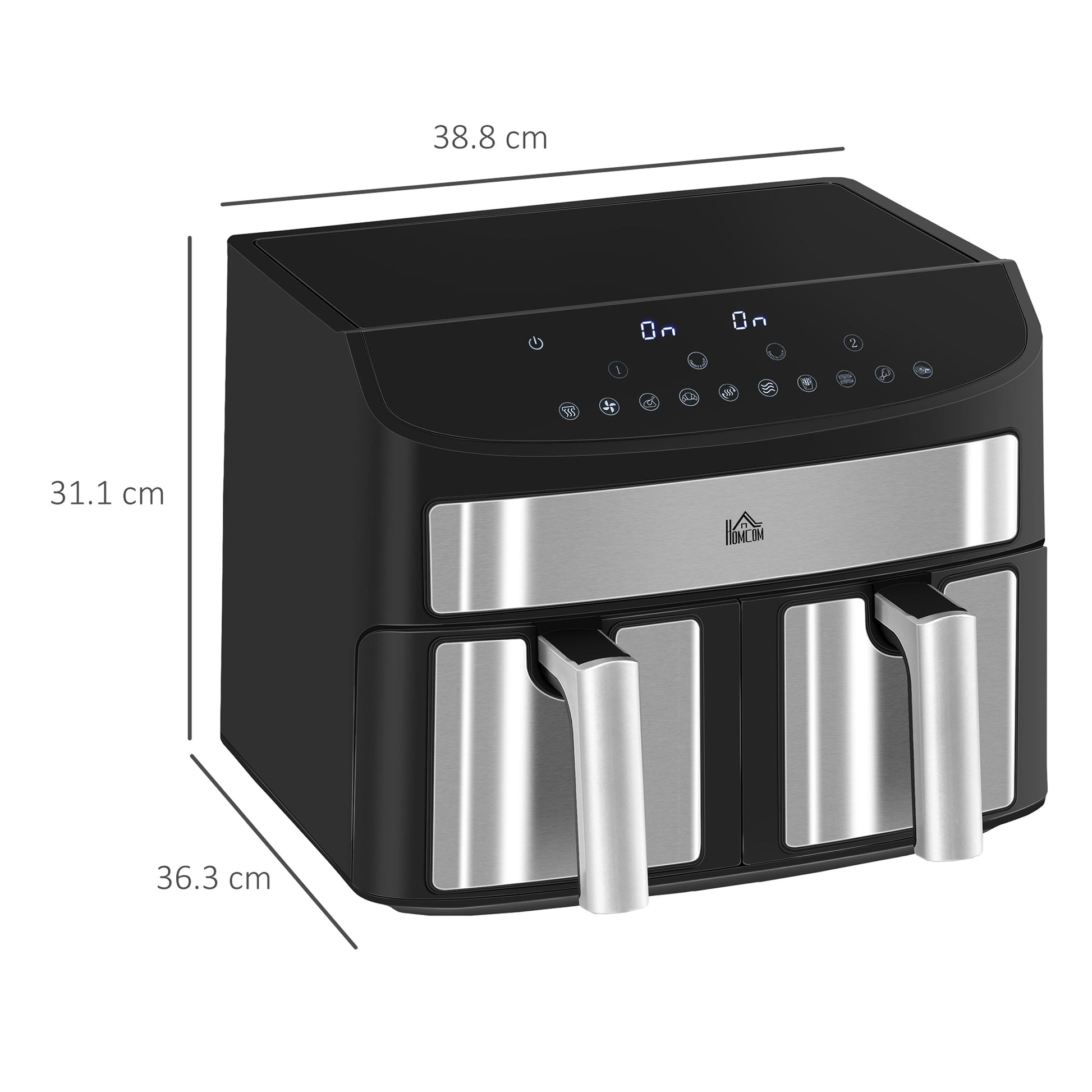 HOMCOM Dual Zone Digital Air Fryer, 10-in-1 8L Family Size with 2 x 4L Baskets, Sync Cook & Smart Finish, 60-Minute Timer for Oil Free & Low Fat Healthy Cooking, 2400W, Black
