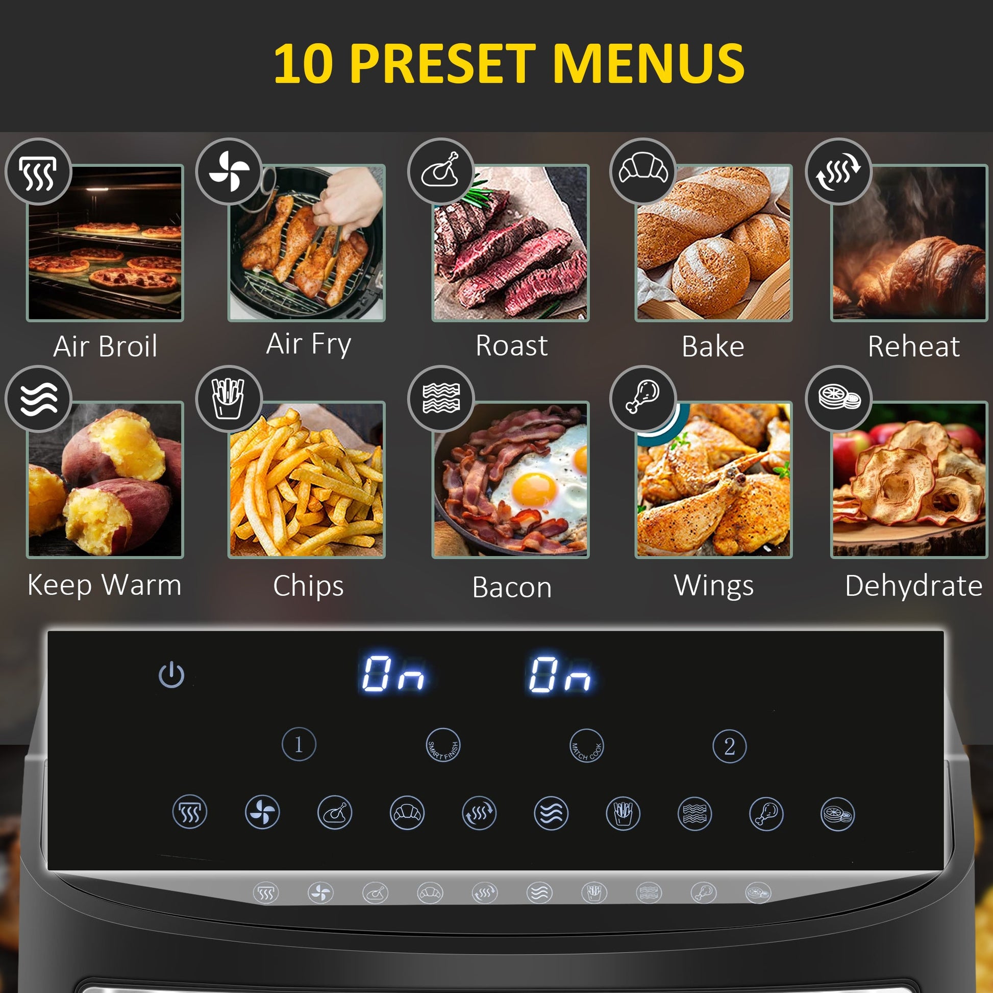 HOMCOM Dual Zone Digital Air Fryer, 10-in-1 8L Family Size with 2 x 4L Baskets, Sync Cook & Smart Finish, 60-Minute Timer for Oil Free & Low Fat Healthy Cooking, 2400W, Black